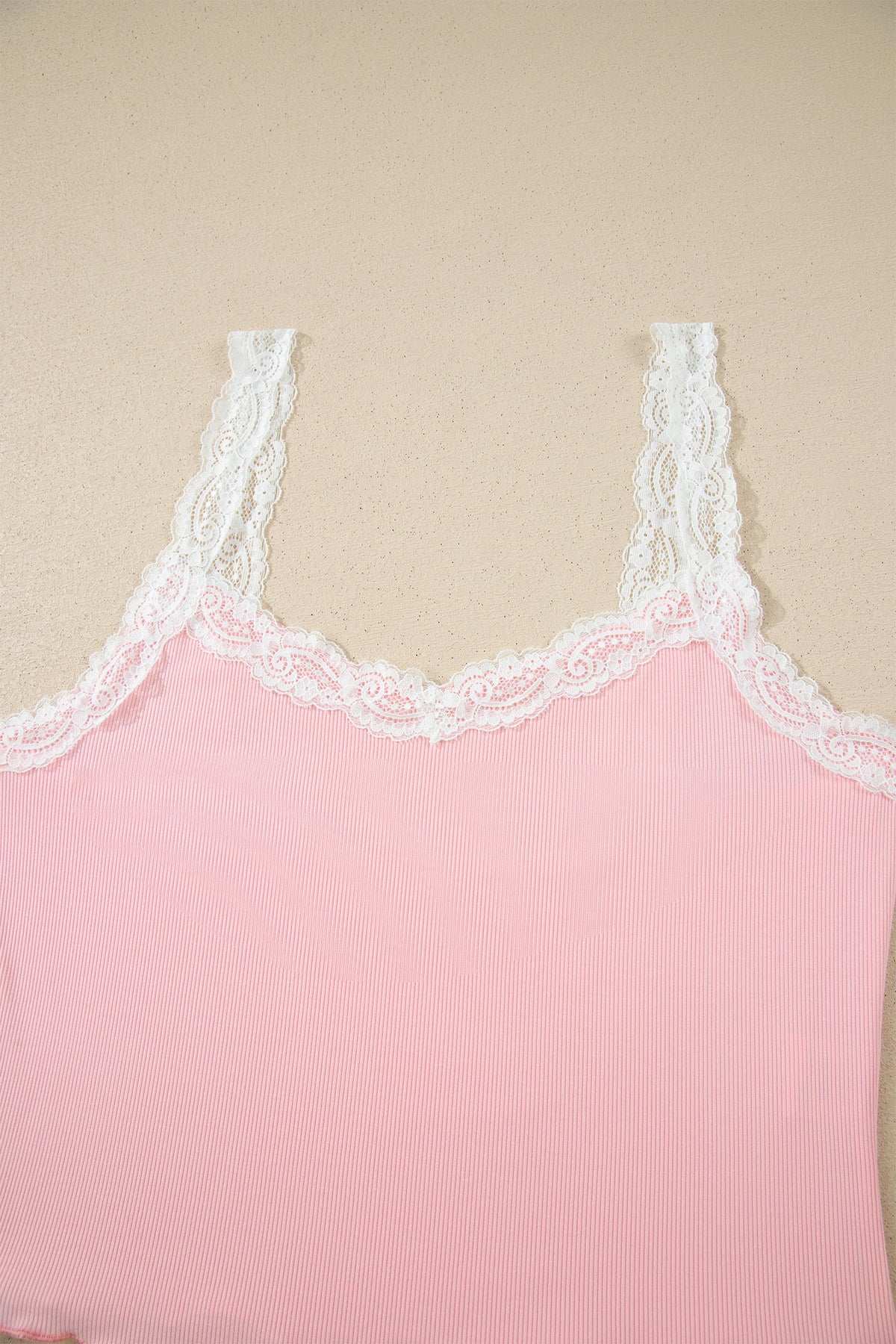Pink Ribbed Knit Lace Strap Cropped Top and Floral Shorts Lounge Set