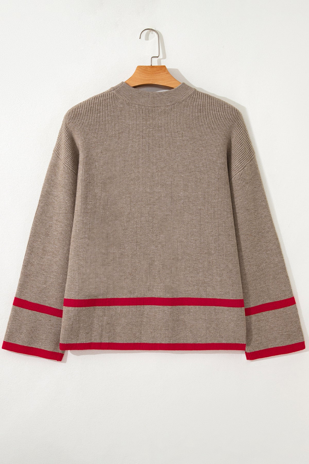 Simply Taupe Ribbed Knit Contrasted Stripe Detail Button Side Sweater