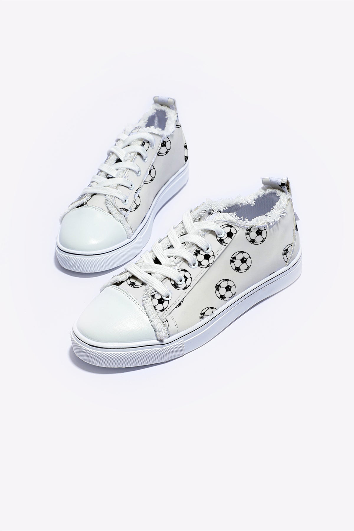 White Soccer Football Print Frayed Canvas Lace-up Sneakers