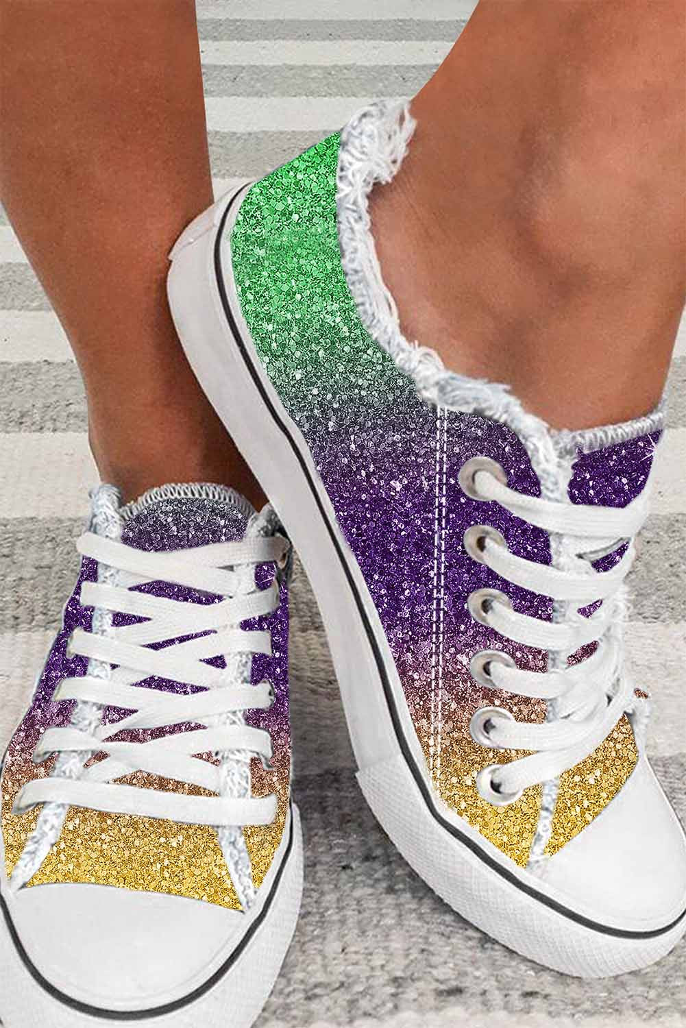 Multicolor Shiny Gradient Raw Hem Lace-up Flat Canvas Sneakers