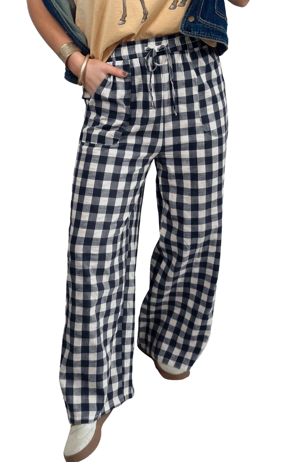 Red Gingham Plaid Tie Elastic Waist Shift Pants