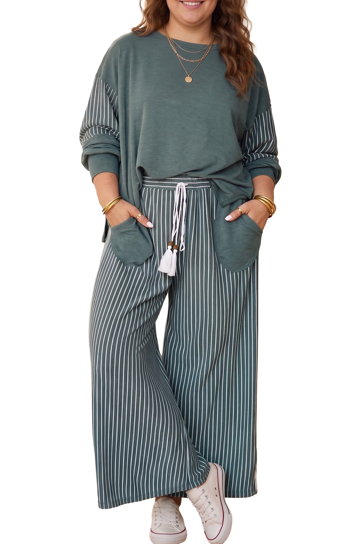 Green Bay Striped Patchwork Plus Size Two-piece Outfit