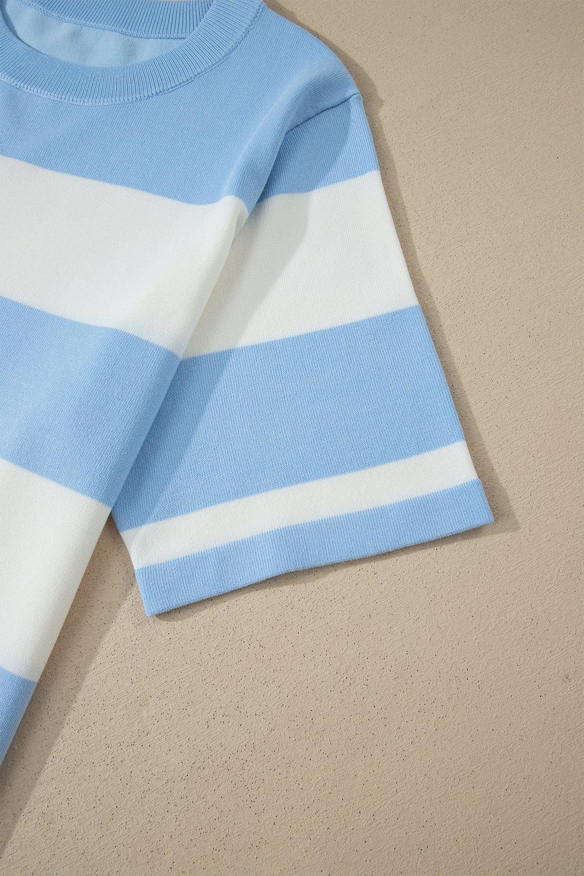 Sky Blue Stripe Color-Block Plus Size Short-Sleeve Sweater
