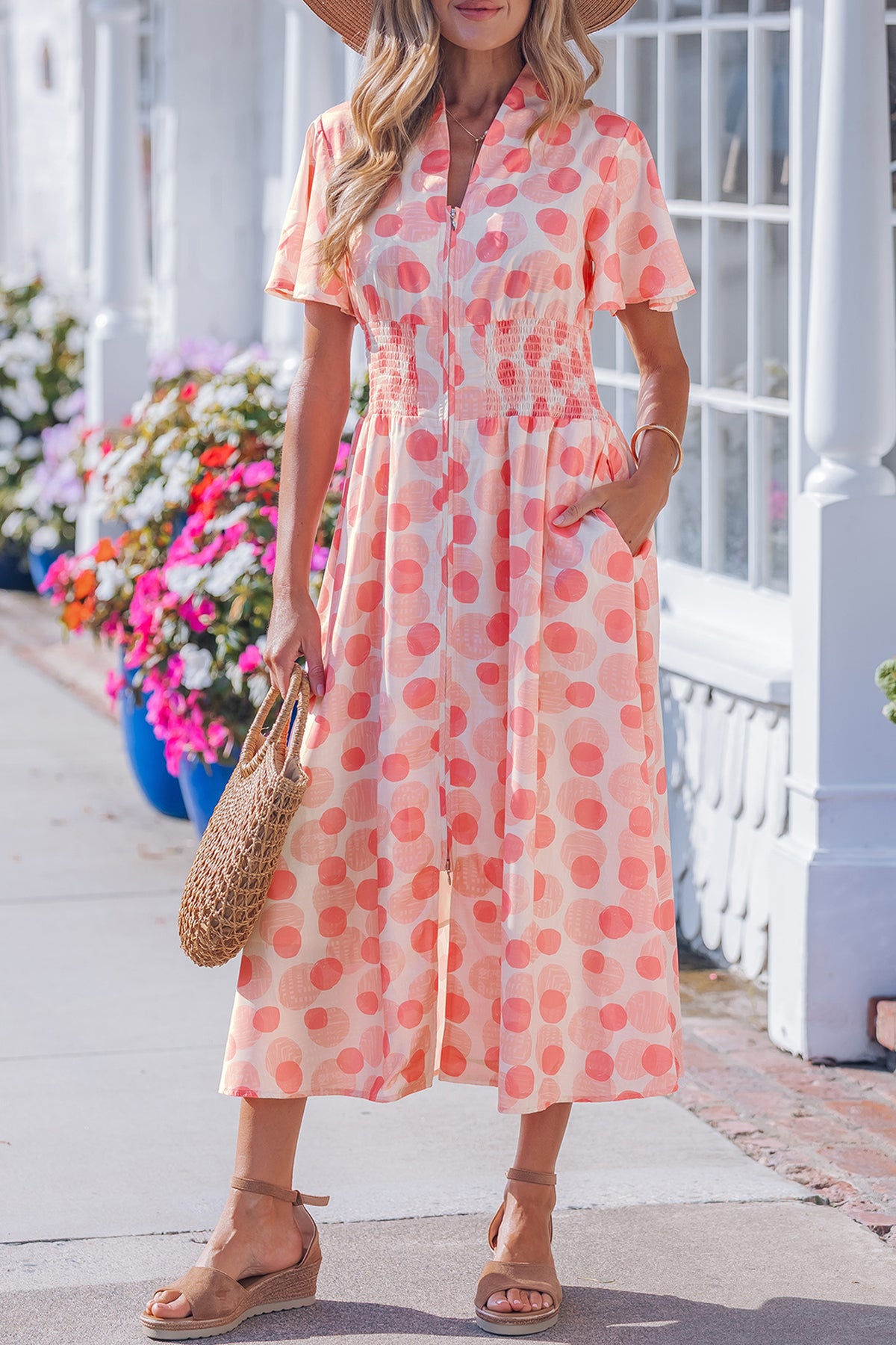 Pink Polka Dot Ruffle Maxi Dress