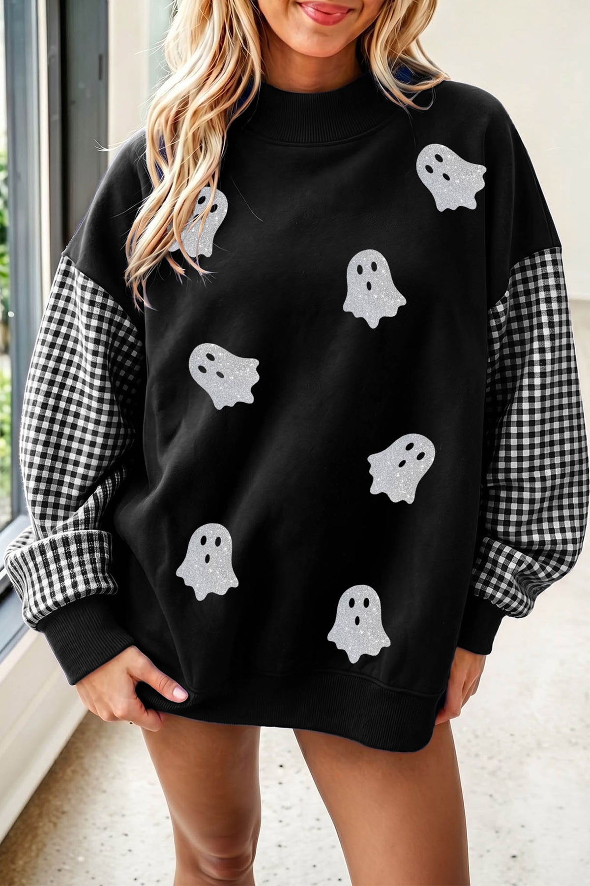 Black Plaid Sleeve Patchwork Ghost Print Tunic Halloween Sweatshirt