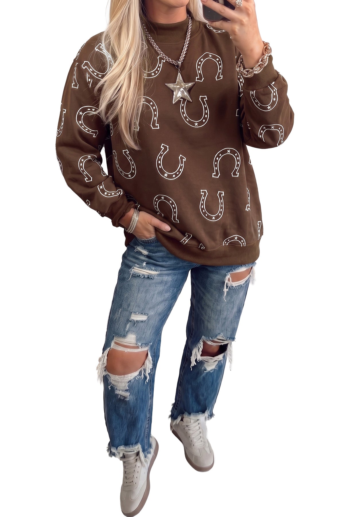 Blue Western Horseshoe Print Mock Neck Sweatshirt