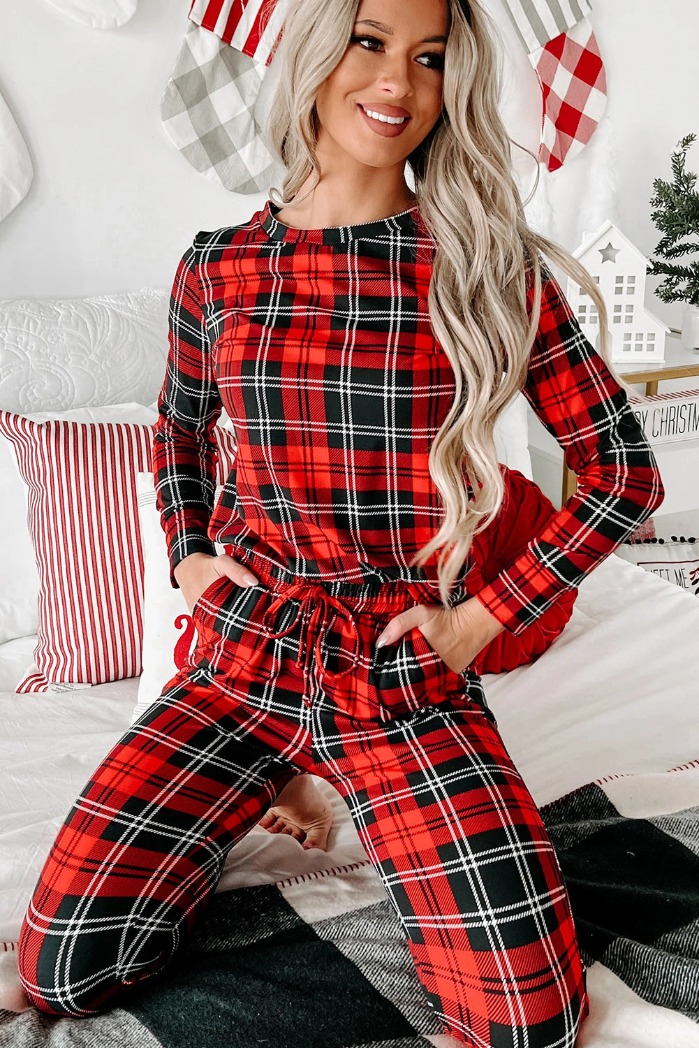 Red Festive Plaid Print Long Sleeve and Pants Lounge Set