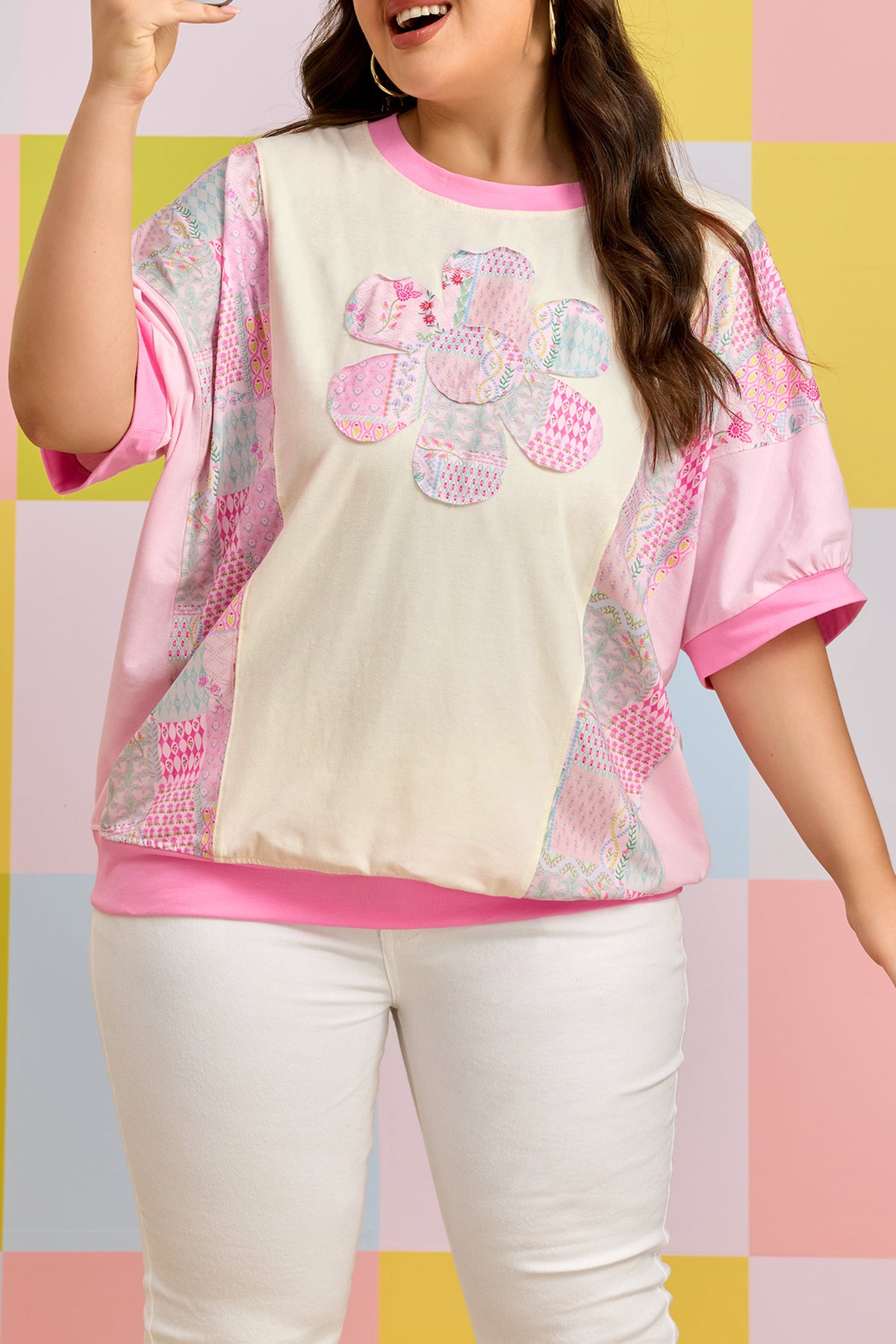 Beige Plus Size Floral Patchwork Short-Sleeve Patch Embroidery Cotton T-Shirt