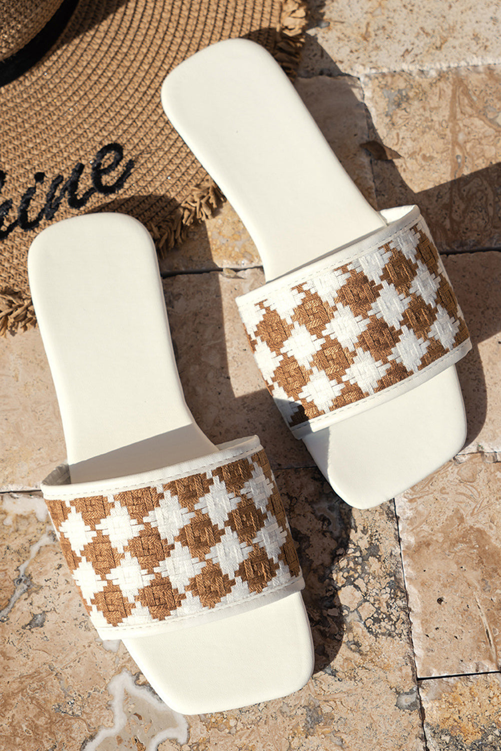 White Contrast Woven Plaid Square Toe Flat Sandals