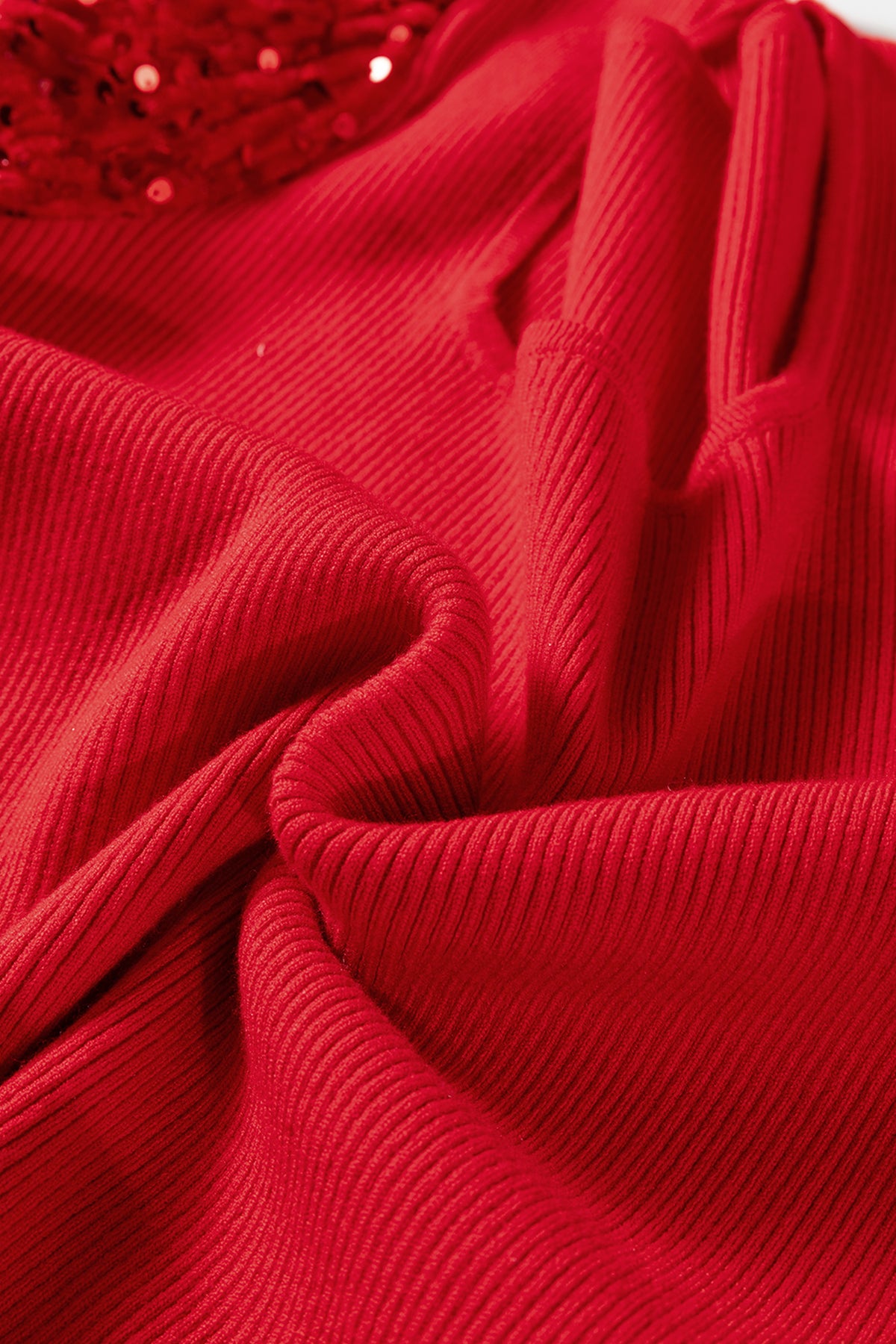 Fiery Red Sequin Sleeve Patchwork Ribbing Knit Square Neck Holiday Sweater