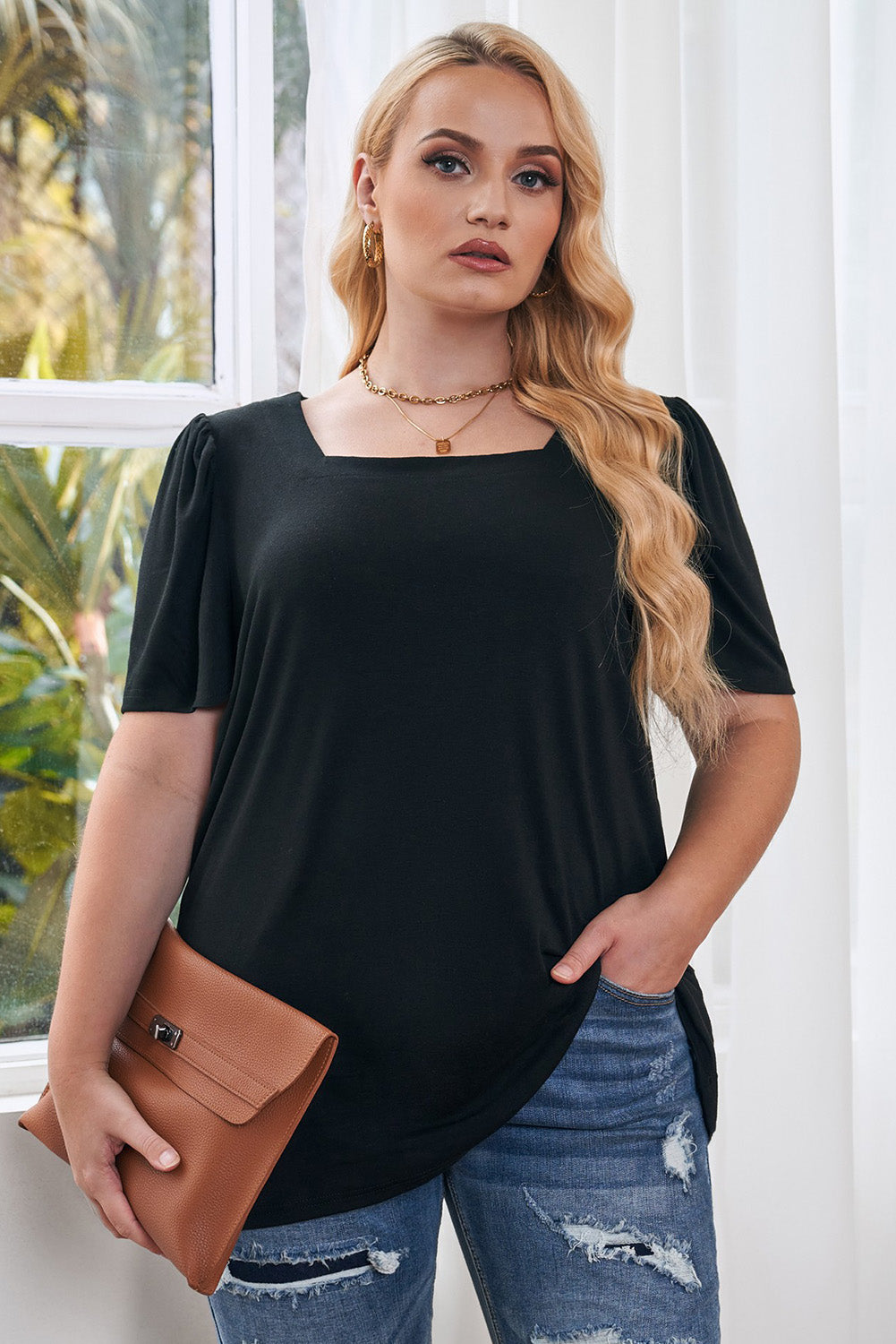 Black Plus Size Square Neck Ruched Shoulder Short-Sleeve Top