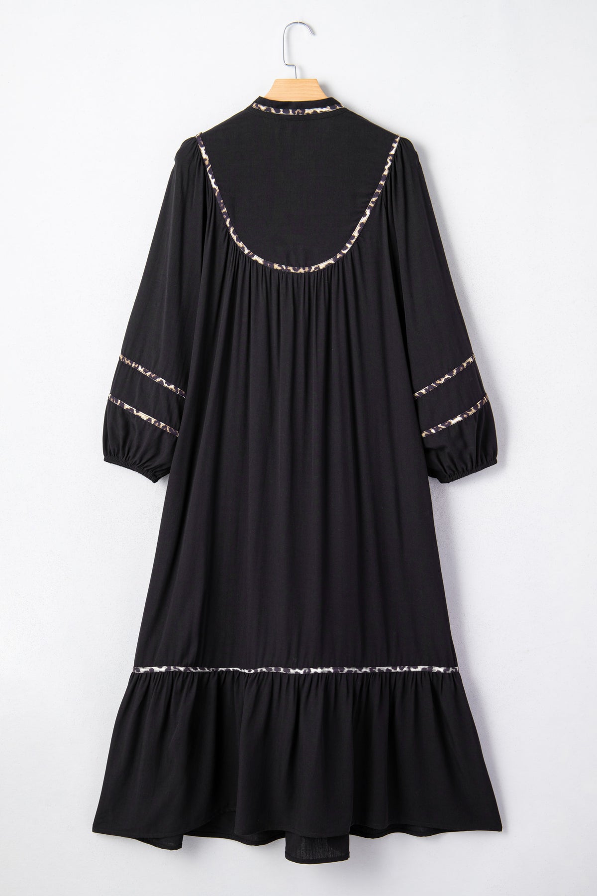 Black Contrast Leopard Trim Split Neck Long Sleeve Midi Dress