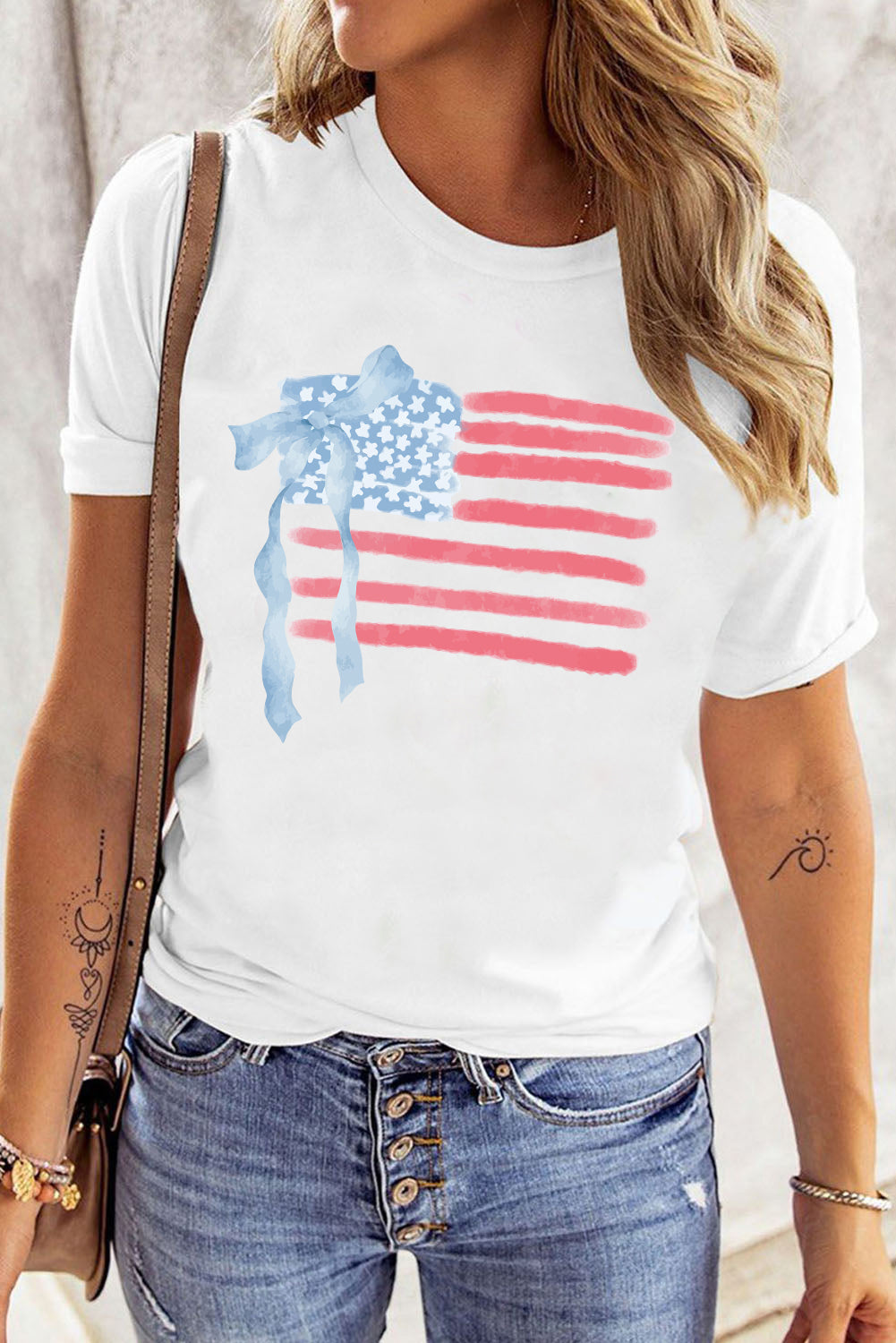 White American Flag Bow Knot Print Crew Neck T-Shirt