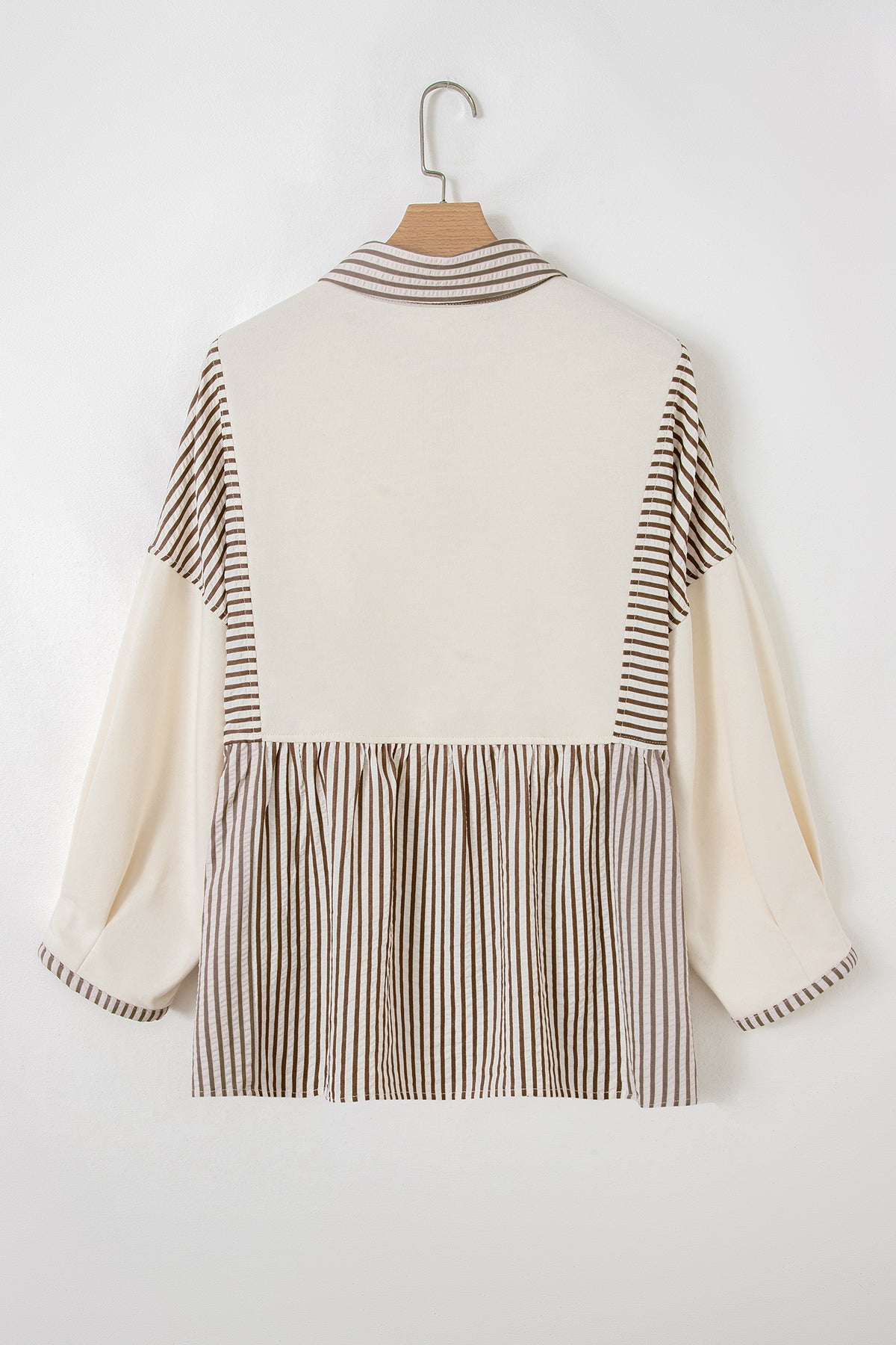 Khaki Stripe Plus Size Color-Block Patchwork Half Button Long-Sleeve Peplum Blouse