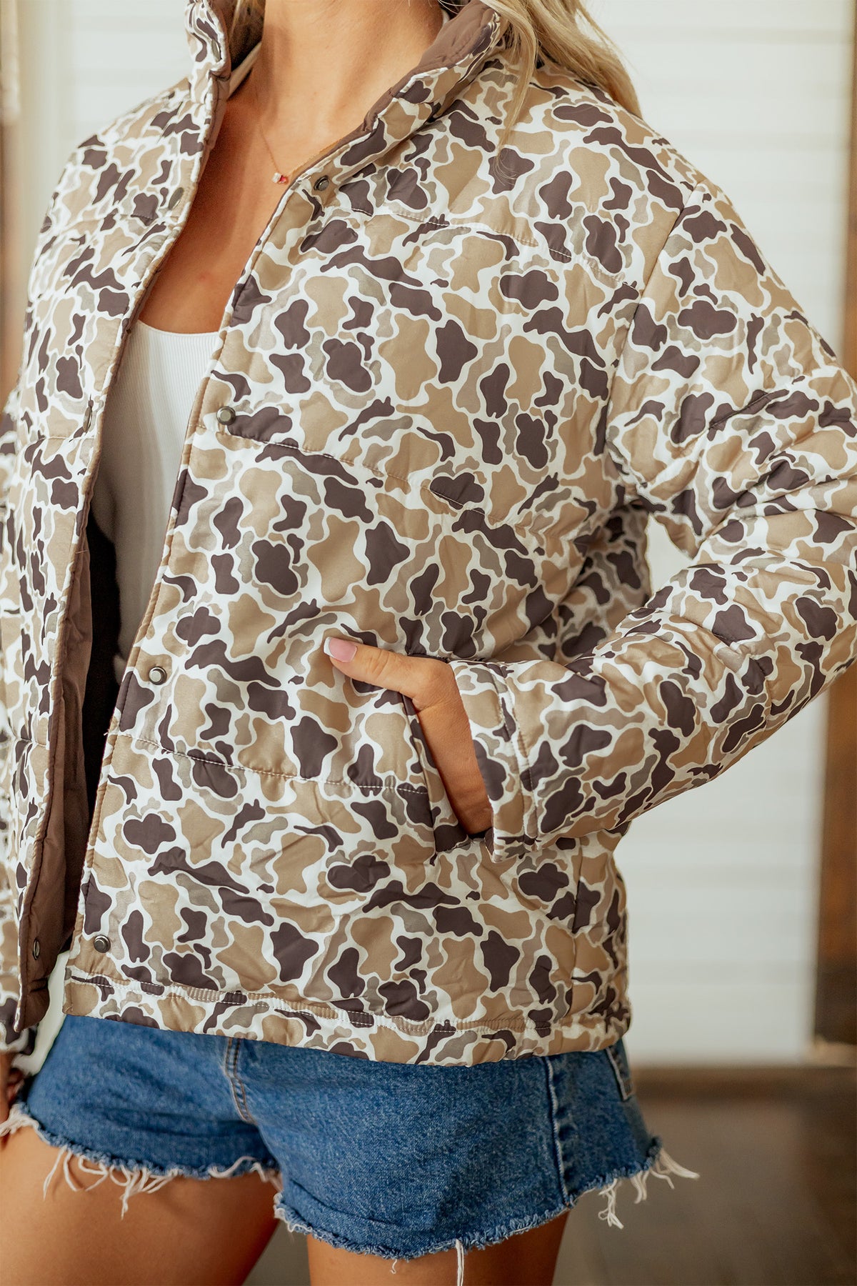 Multicolour Camouflage Quilted Metal Button Collar Puffer Coat