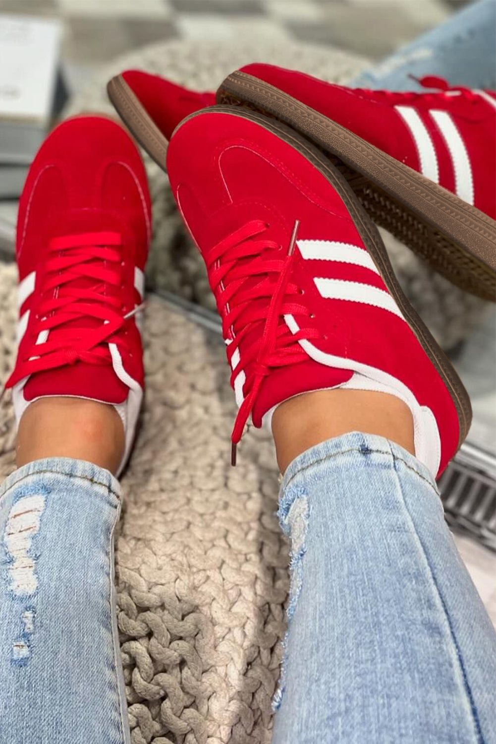 Fiery Red Vintage Striped Patchwork Lace-up Sneakers