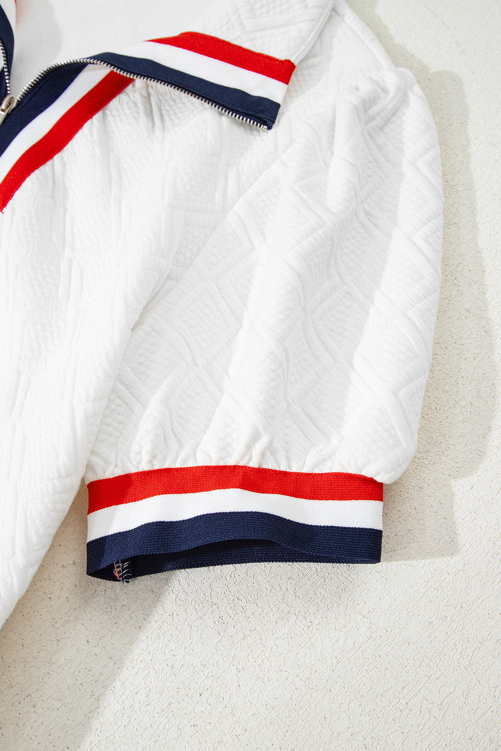 White Jacquard Colorblock Edge Puff Sleeve Quarter Zip Mini Dress