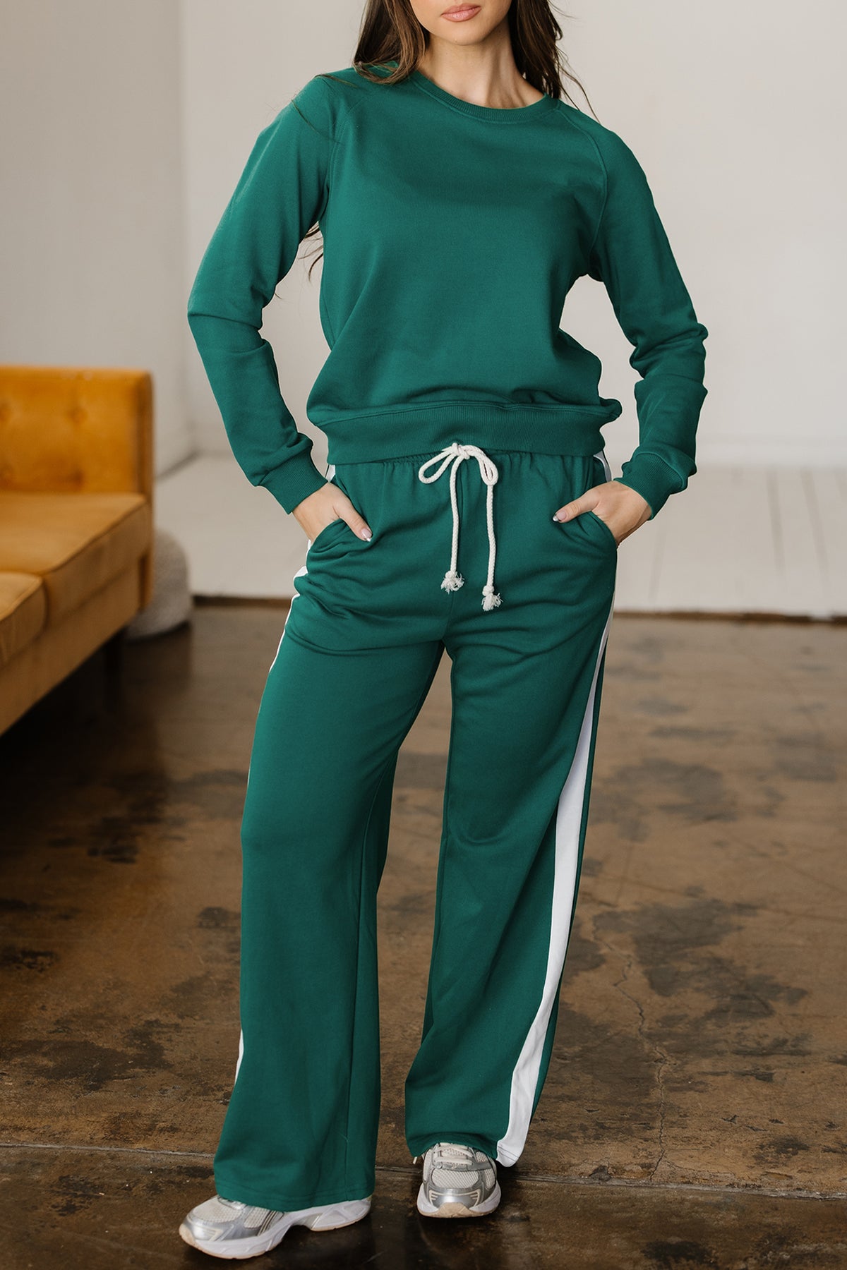 Women's Sea Green Pullover Top Varsity Stripe Detail Pants Set