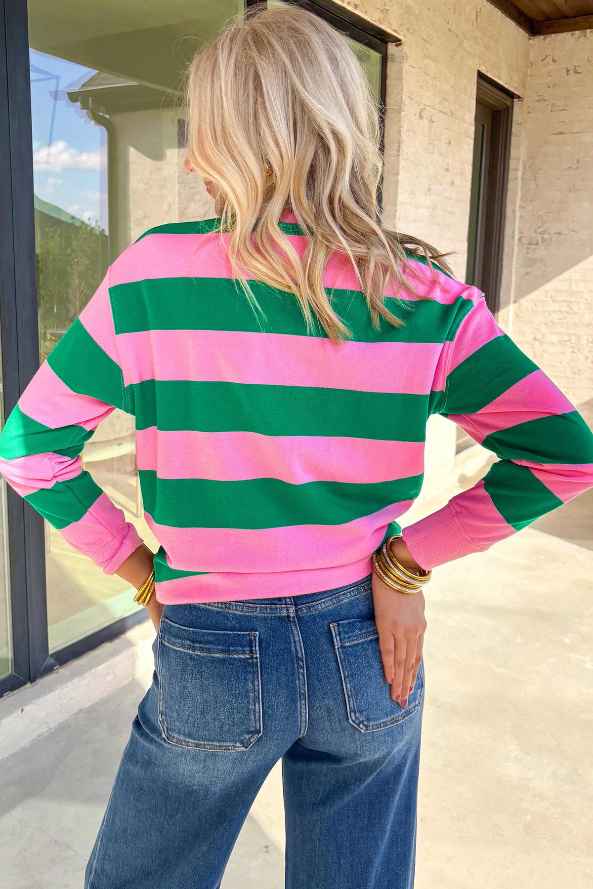 Green Stripe holly jolly Letter Embroidered Sweatshirt