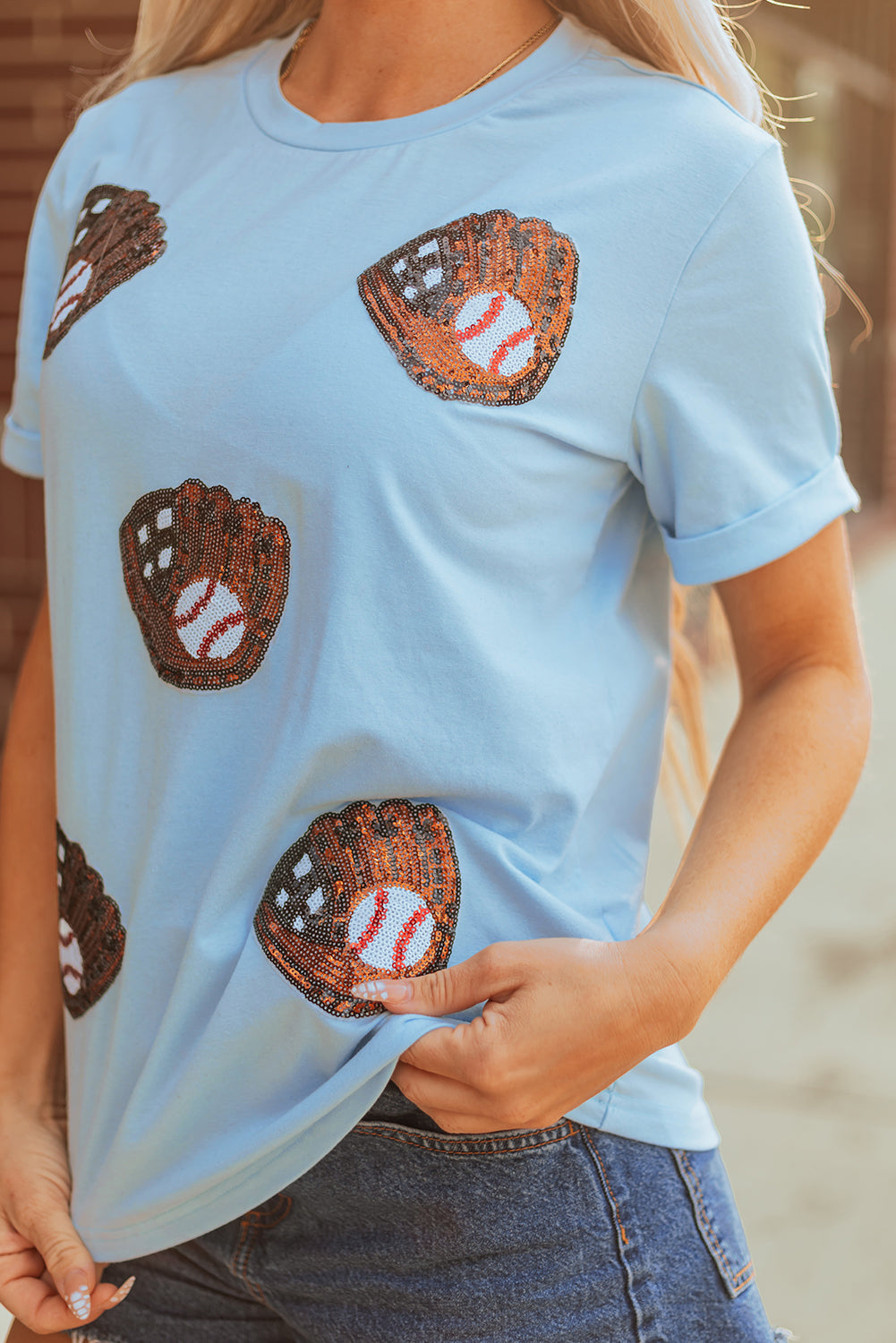 Light Blue Gopher Ball Sequin Patched Casual T-Shirt