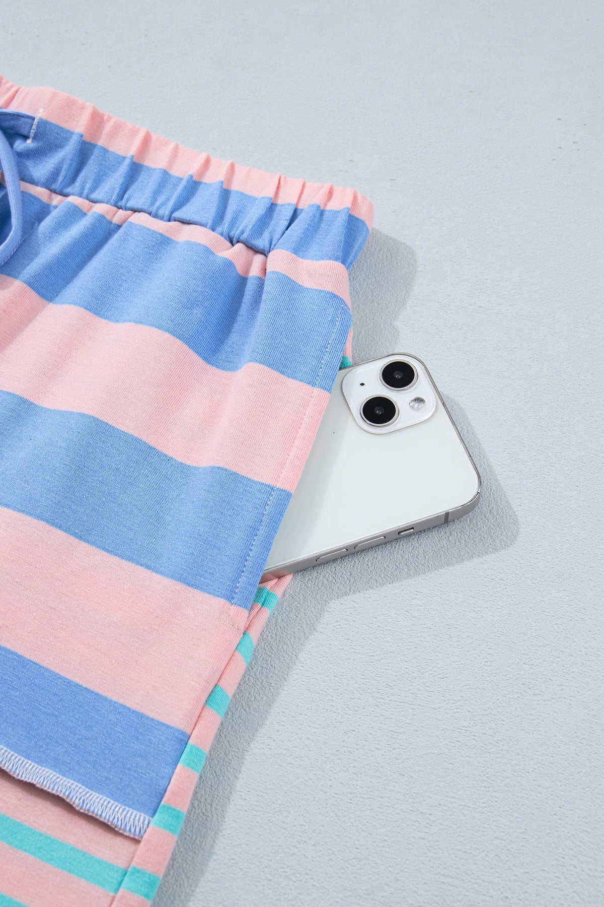 Women's Pink Stripe Exposed Seam Mixed Patchwork Shorts Two-Piece Set