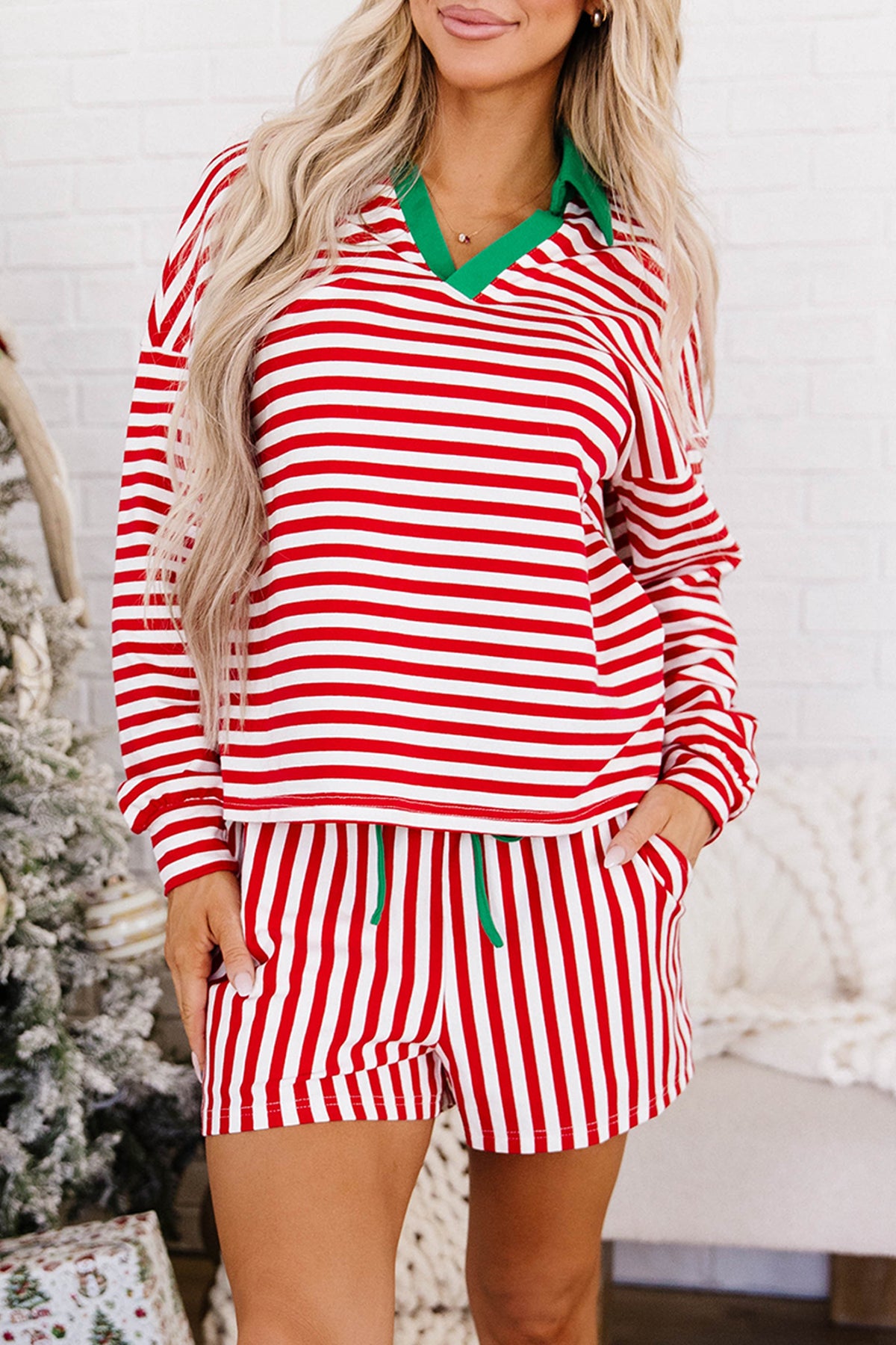 Women's Red Stripe Colorblock Trim Polo Collar Drawstring Elastic Waist Band Casual Two-Piece Outfit