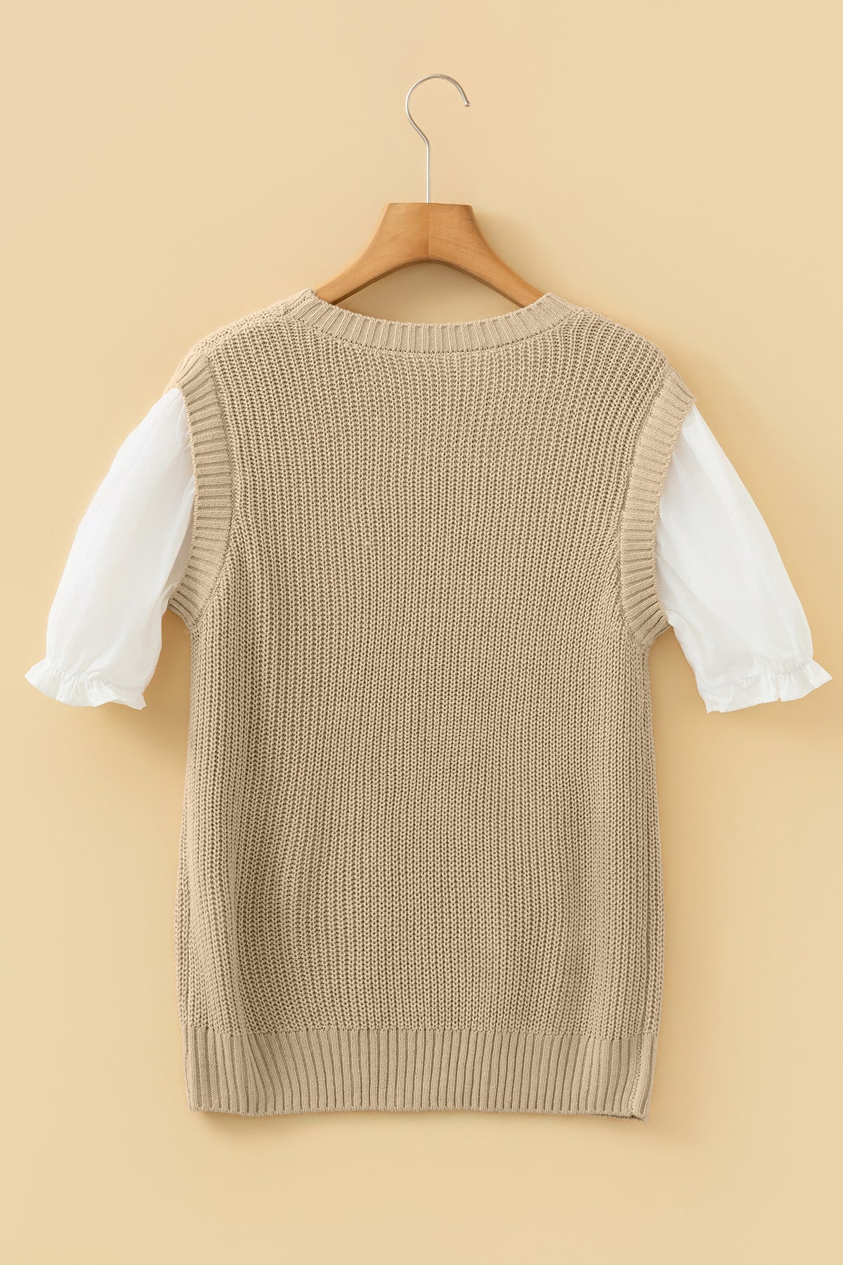 Light French Beige Round Neck Knit Contrast Short Sleeve Patchwork Sweater Top