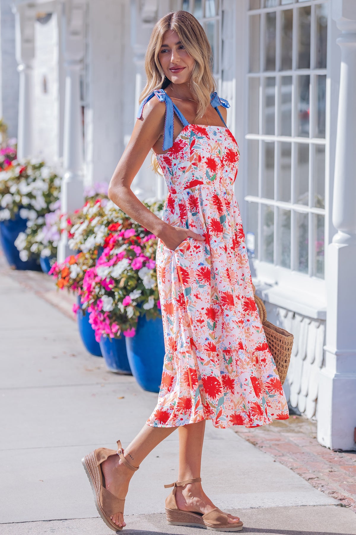 Yellow Floral Print Contrast Stitched Denim Straps High Waist Dress