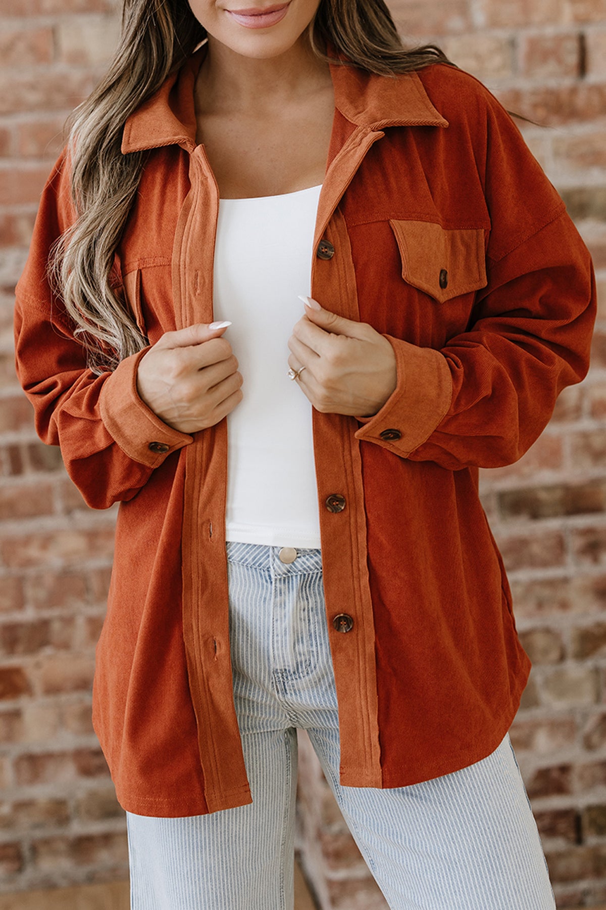 Gold Flame Velvet Flap Pockets Drop Shoulder Casual Shacket