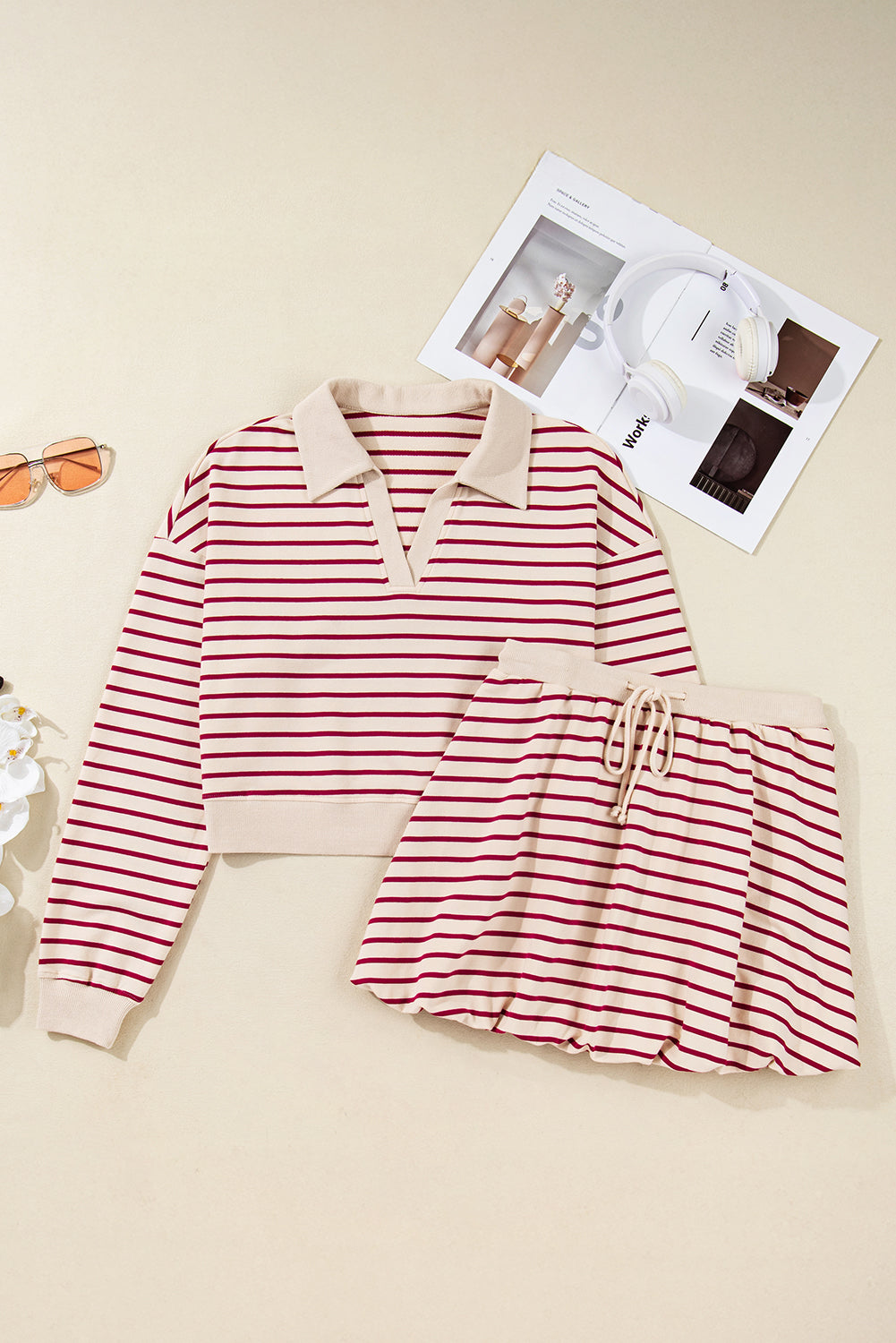 Women's Red Stripe Cropped Collared Drop Shoulder Pullover and Bubble Mini Skirt Set