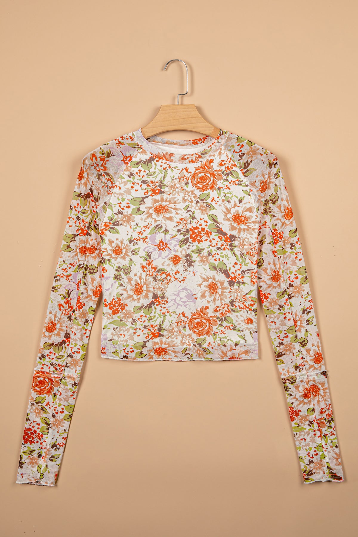 Multicolour Floral Print Mesh Thumbhole Slim Top