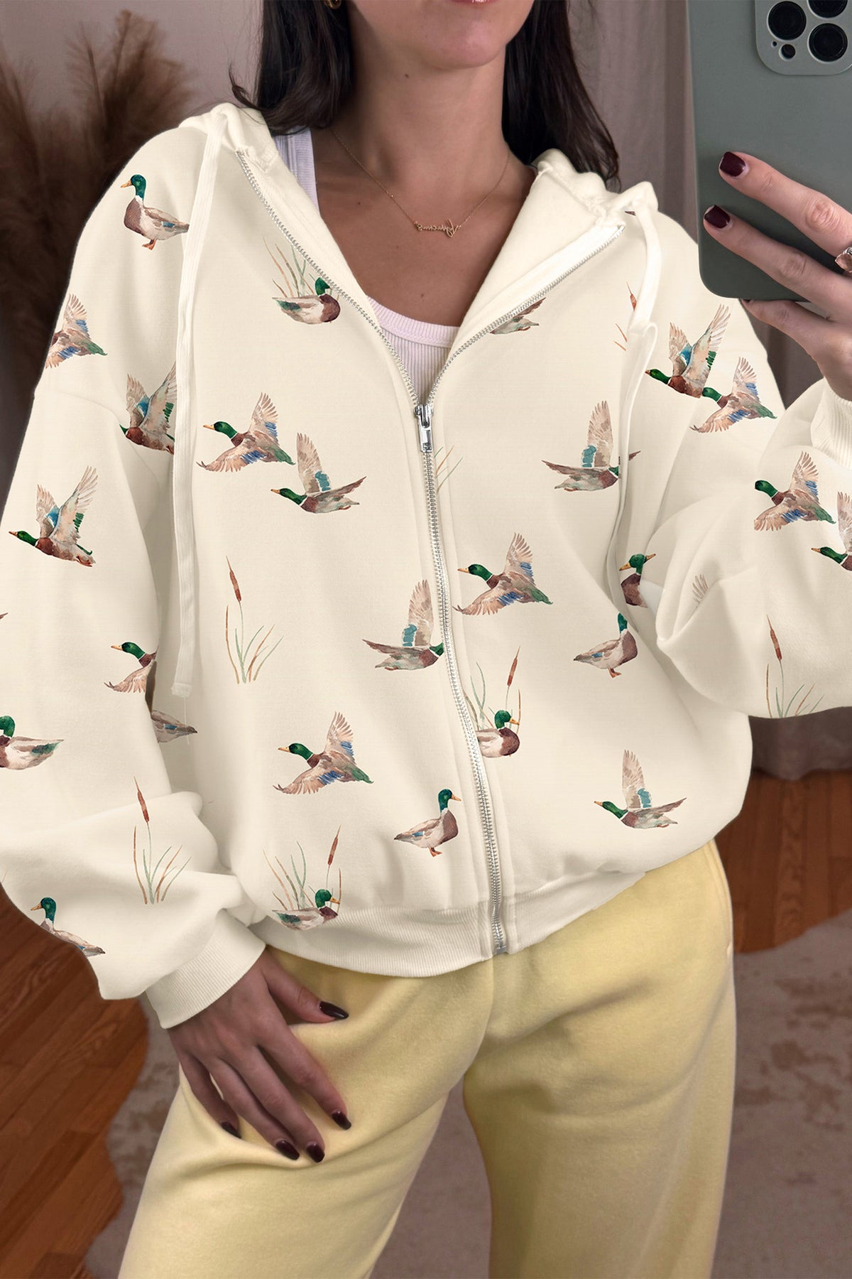 Beige Duck Print Zip Up Hoodie