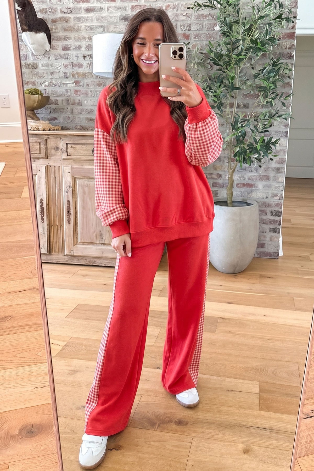 Fiery Red Plaid Contrast Long Sleeve Top and Wide Leg Pants Set