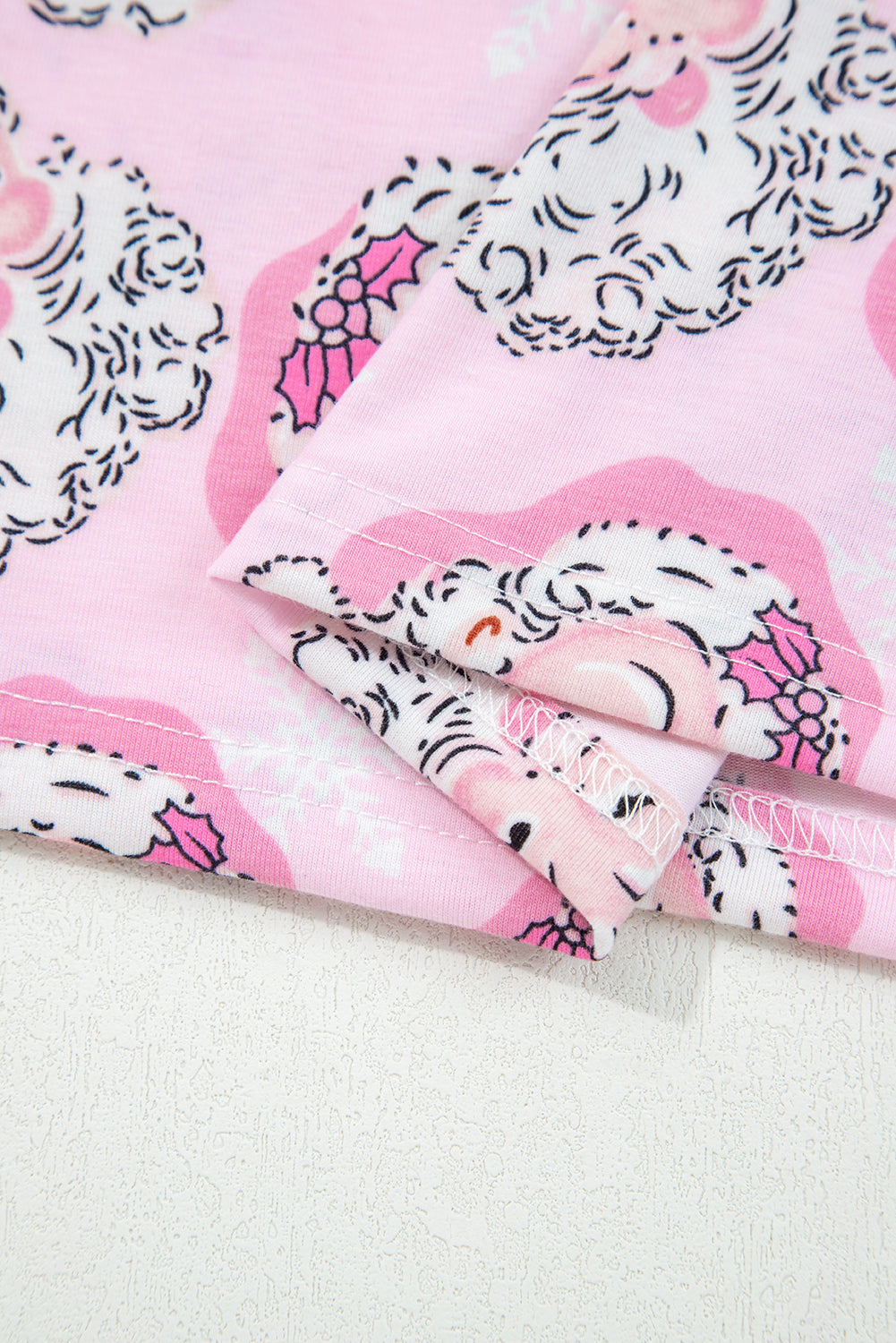 Pink Santa Claus Print V Neck Tee Drawstring Pants Lounge Set