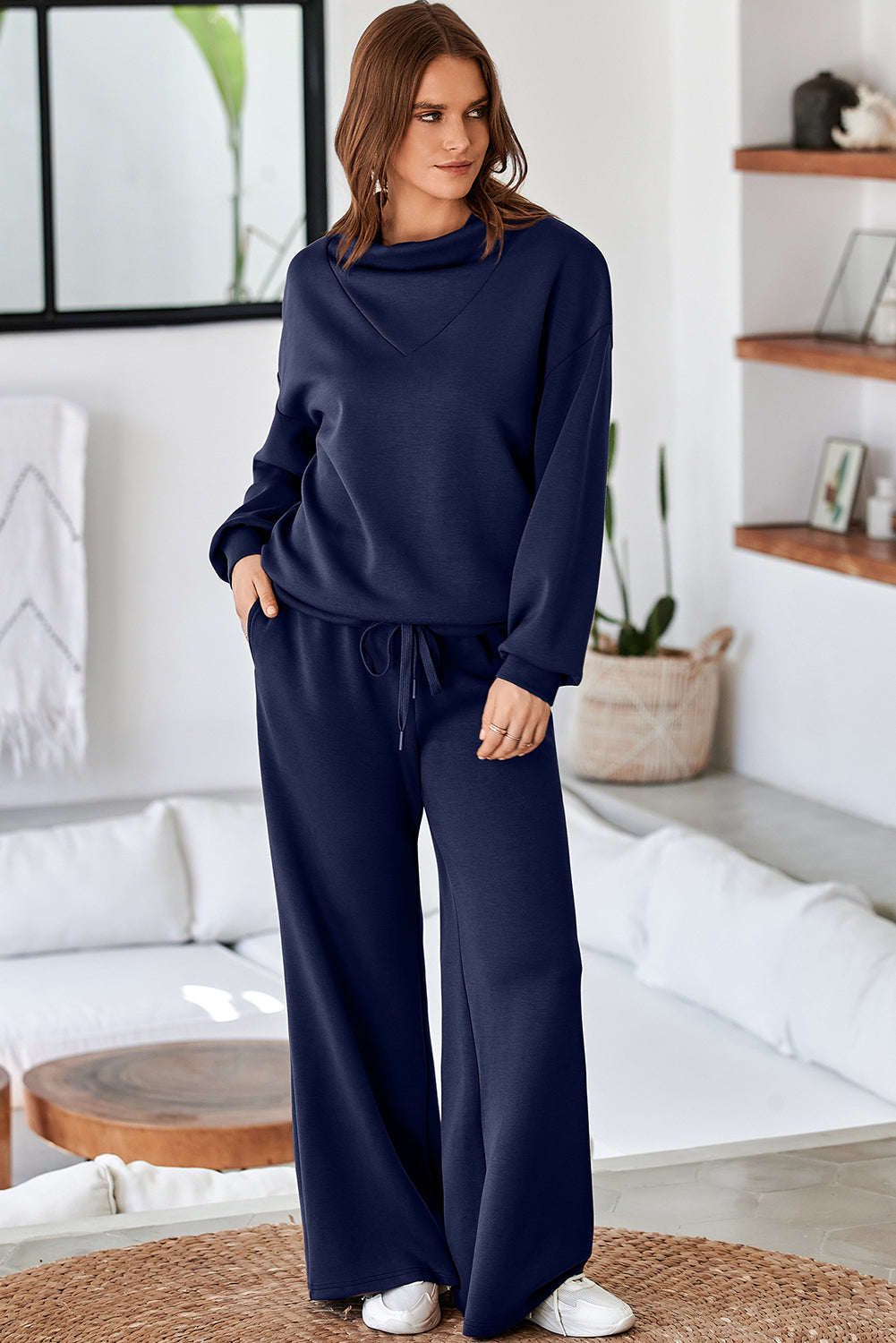 Women's Dusk Blue Cowl Neck Drawstring Pullover Wide-Leg Athleisure Pants Set