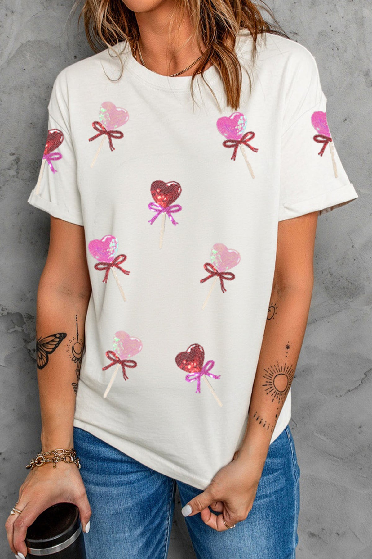 White Sequin Bow Heart Shape Lolly Valentines Day Graphic Tee
