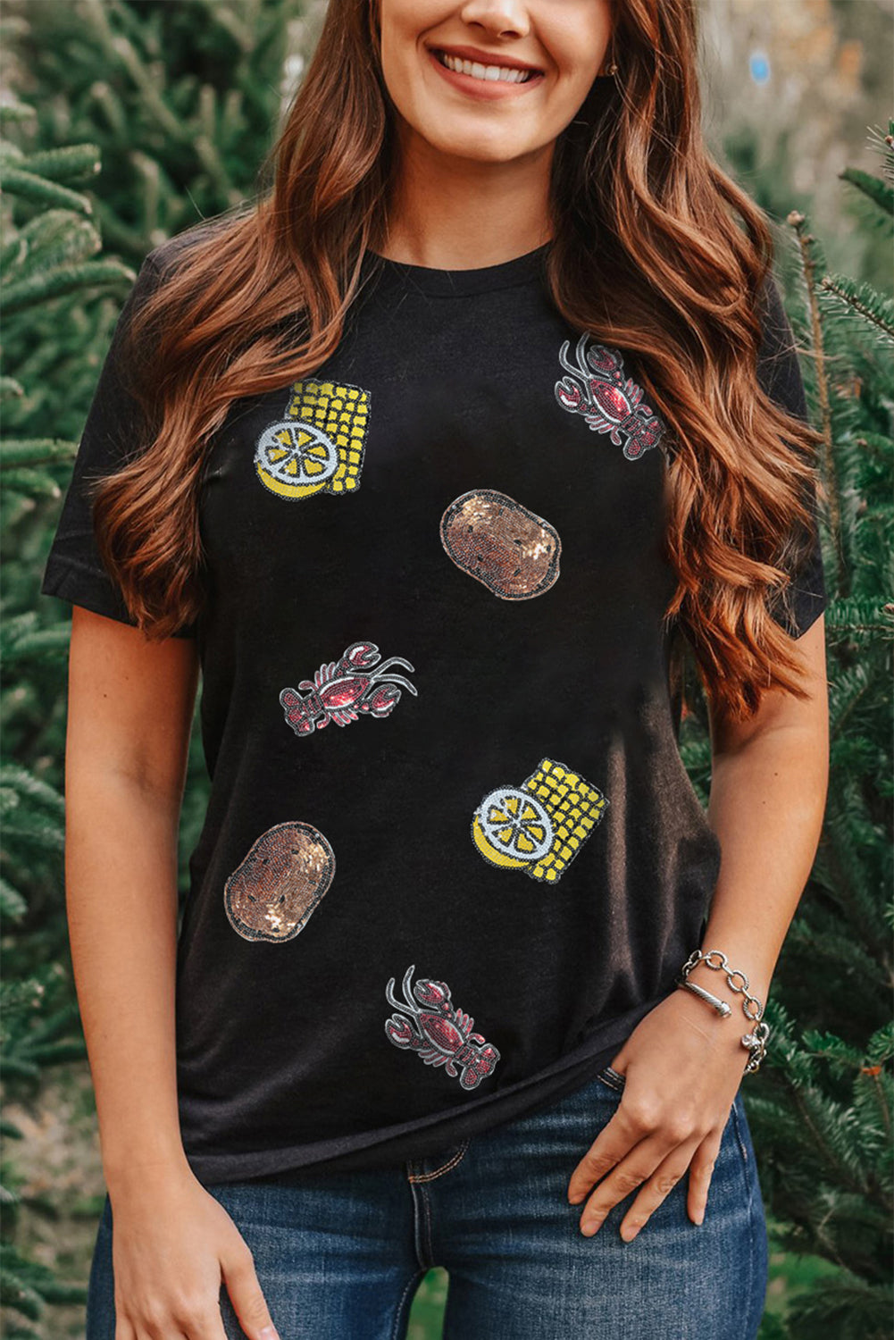 White Sequin Crawfish Potato Lemon Corn Graphic Crewneck T-Shirt