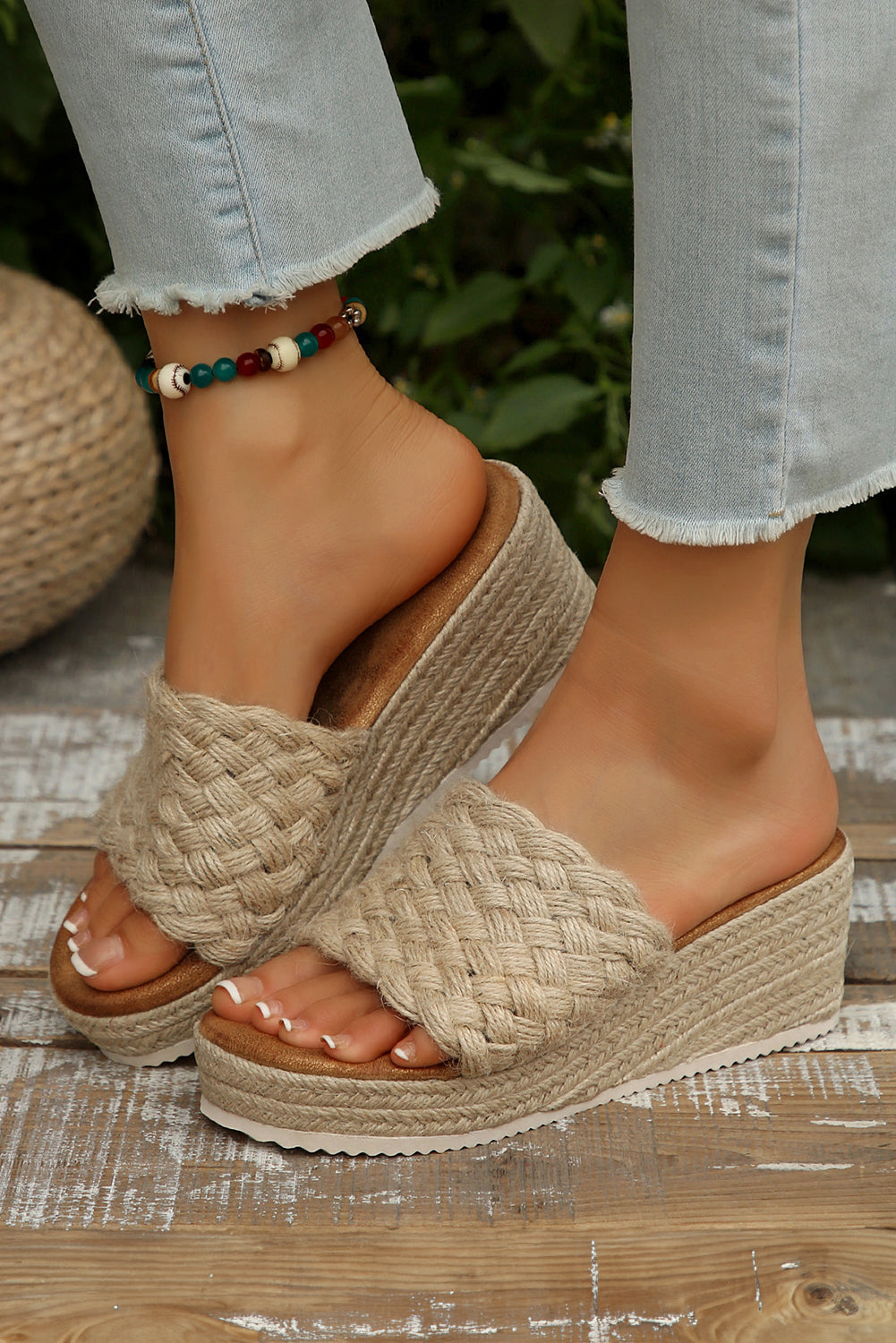 White Woven Wide Band Platform Sandals