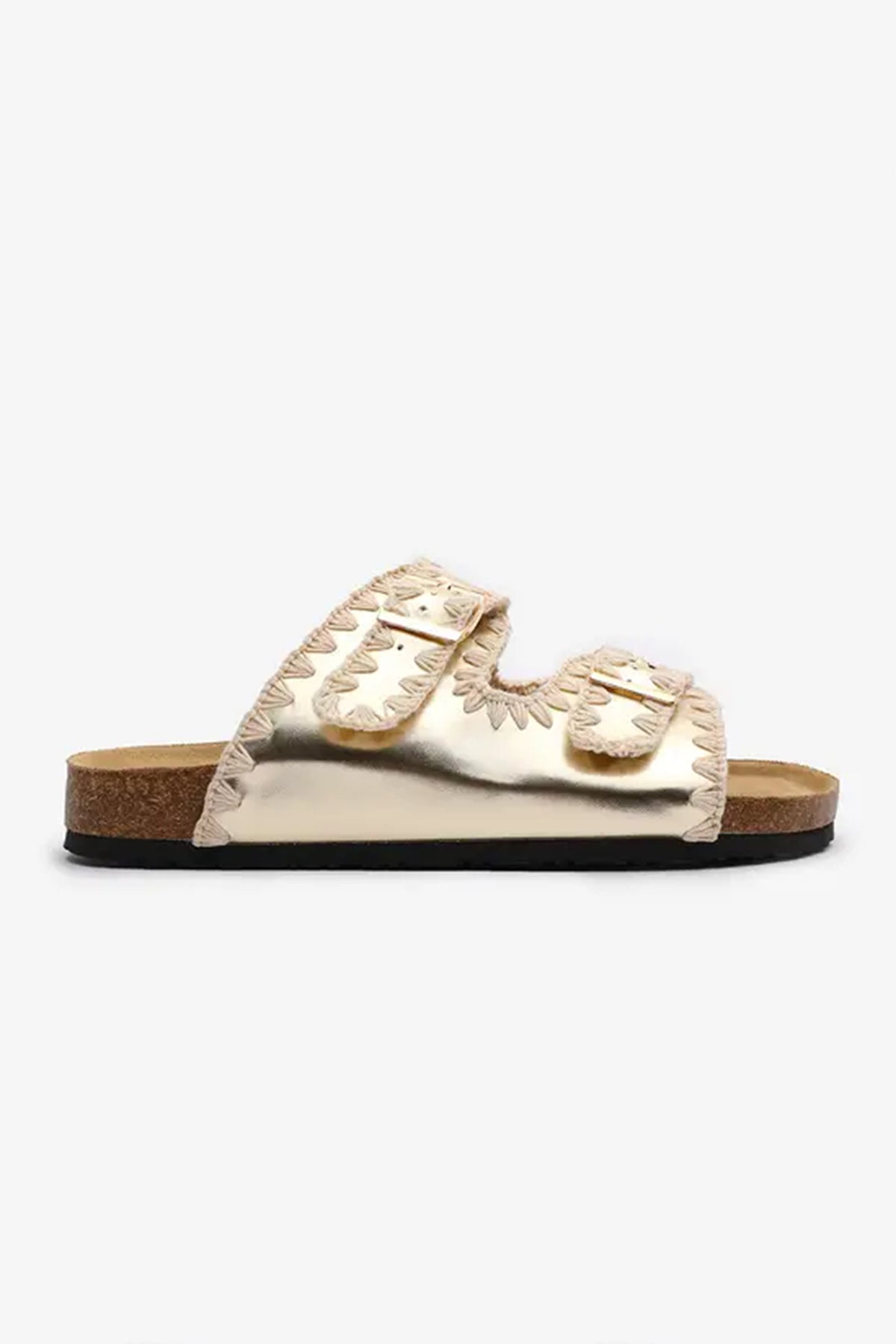 Gold PU Leather Contrast Stitch Flat Slide Sandals