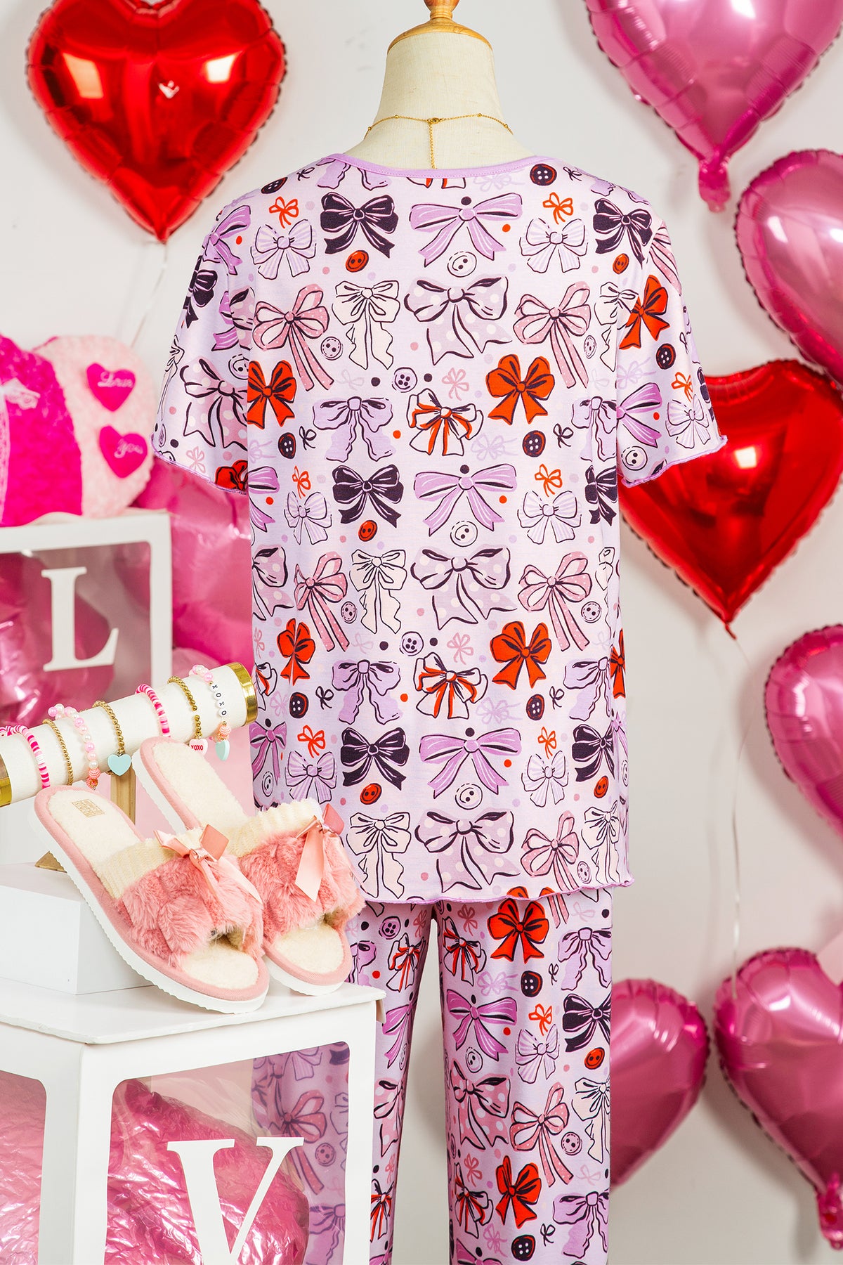 Pink Bows and Buttons Print Short Sleeve Shirt and Pants Pajama Set