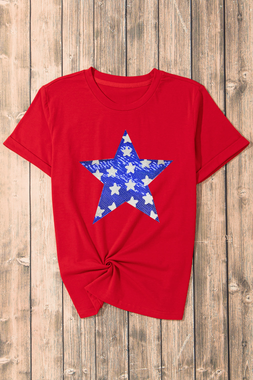 Red Sequin Star Graphic Crewneck T-Shirt