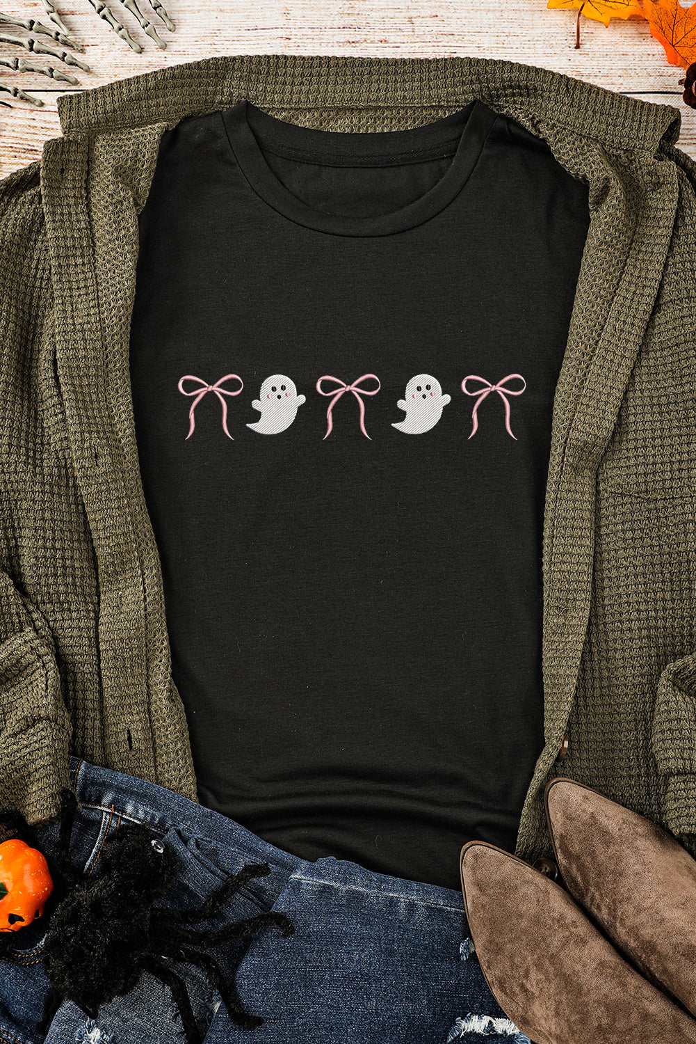 Black Halloween Ghost Bow Embroidered Loose T-Shirt