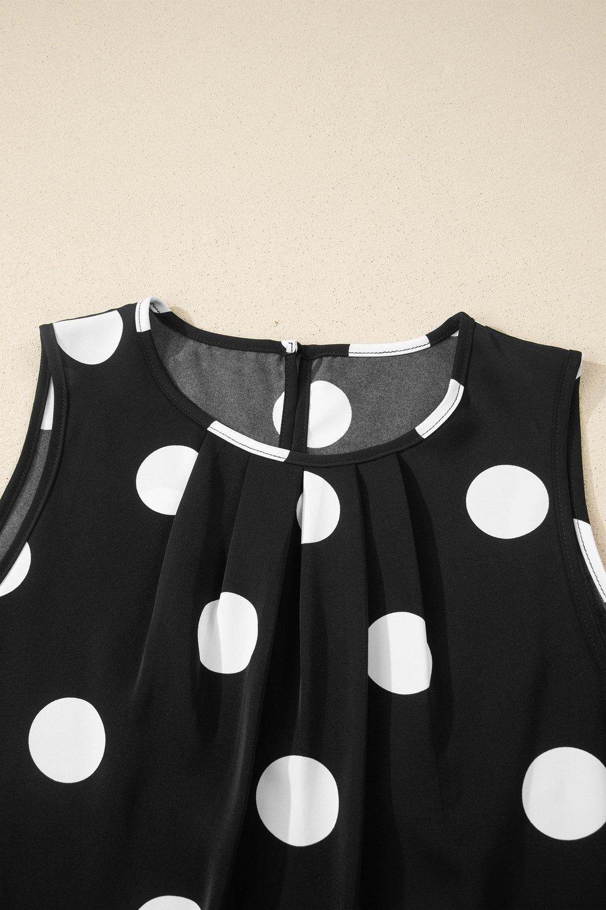 Women's Black Polka Dot Print Pleated Round Neck Tank Casual Wide-Leg Two-Piece Outfit