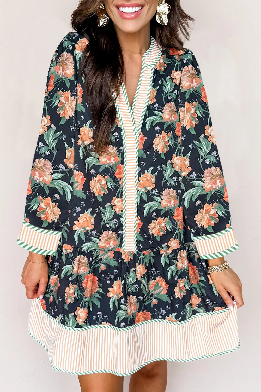 Blue Floral Striped V Neck Long Sleeve Ruffle Hem Shift Mini Dress
