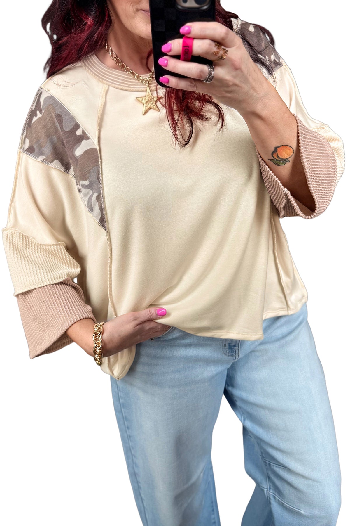Beige Camouflage Colorblock Twist Rib 3/4 Sleeve Top