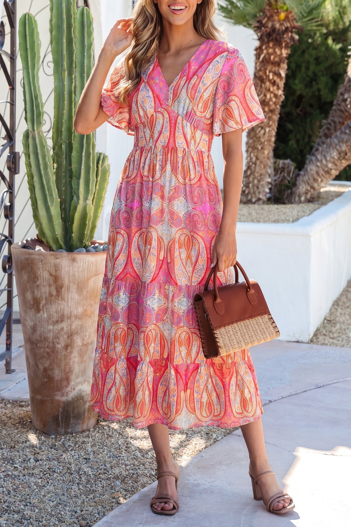 Multicolour Paisley Ruffle V-Neck Maxi Dress