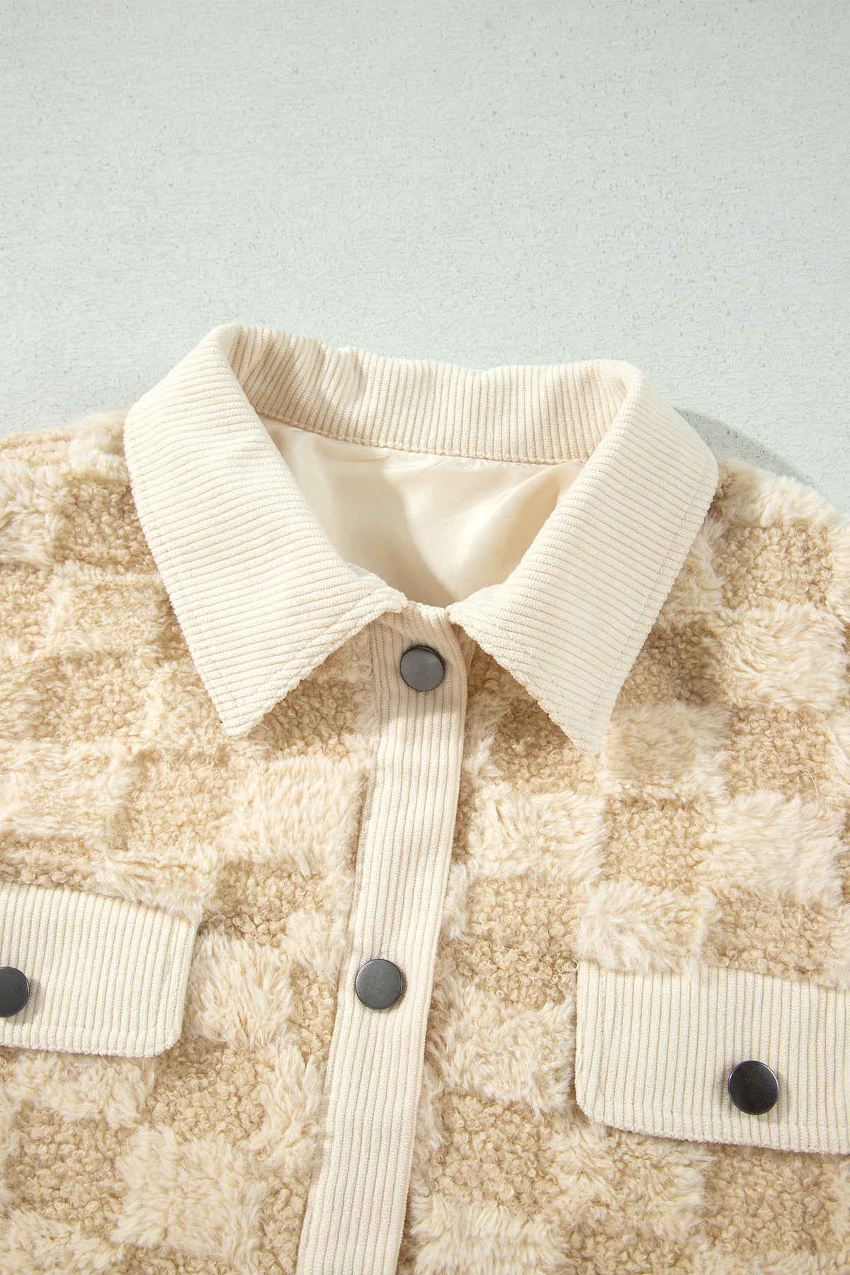Khaki Plush Checkered Corduroy Trim Metal Button Long Sleeve Shacket