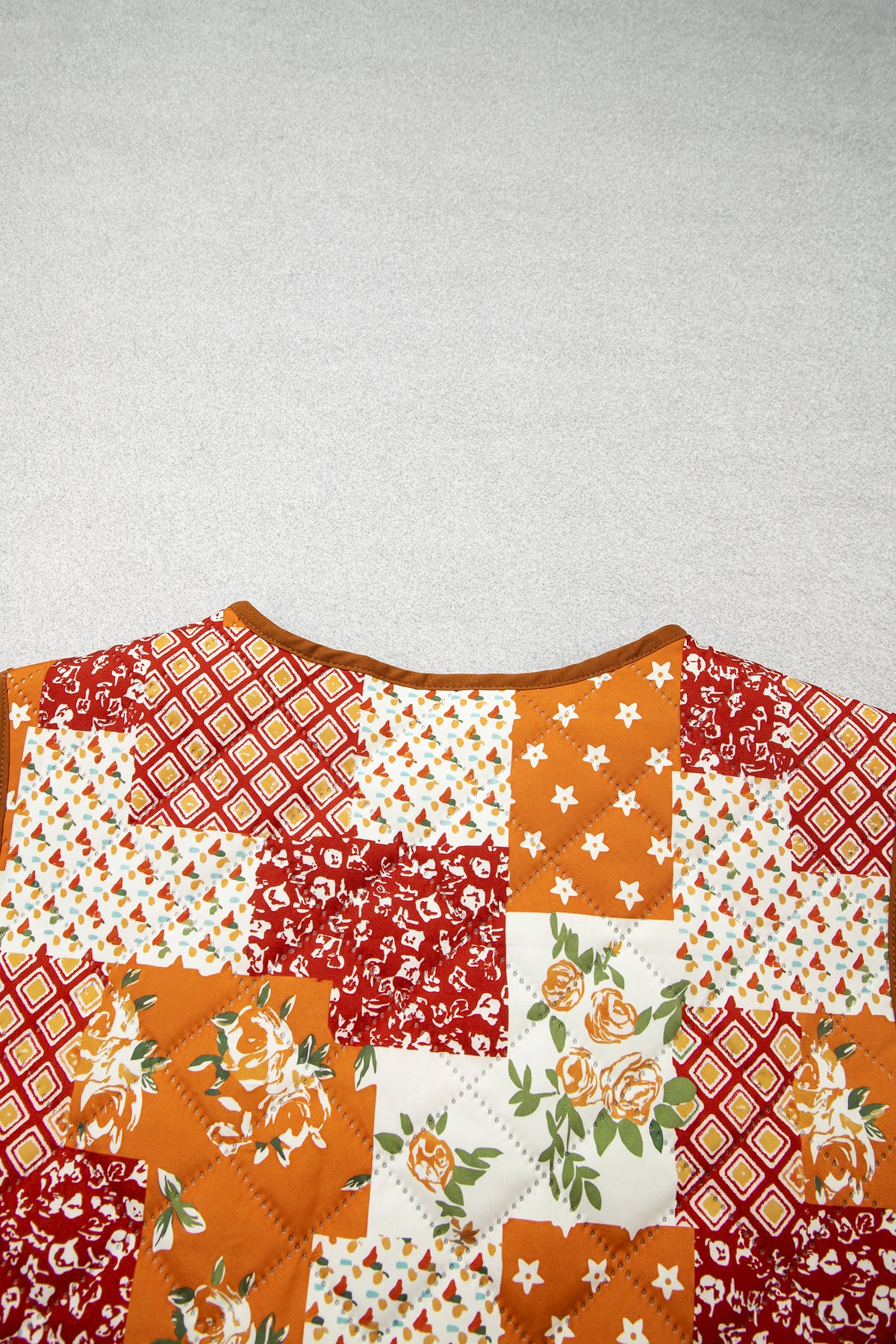 Golden Fleece Quilted Floral Patchwork V Neck Button Vest