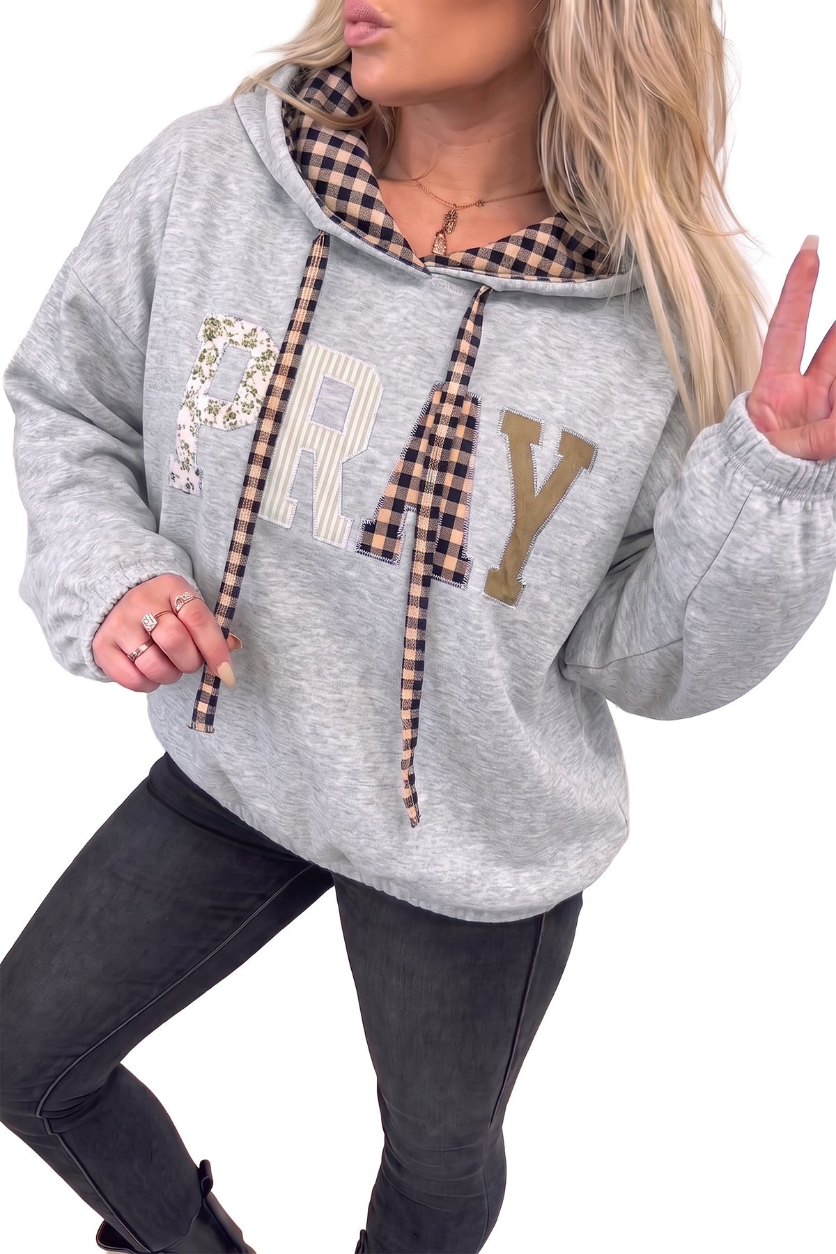 Black PRAY Mix Pattern Plaid Contrast Drawstring Hoodie