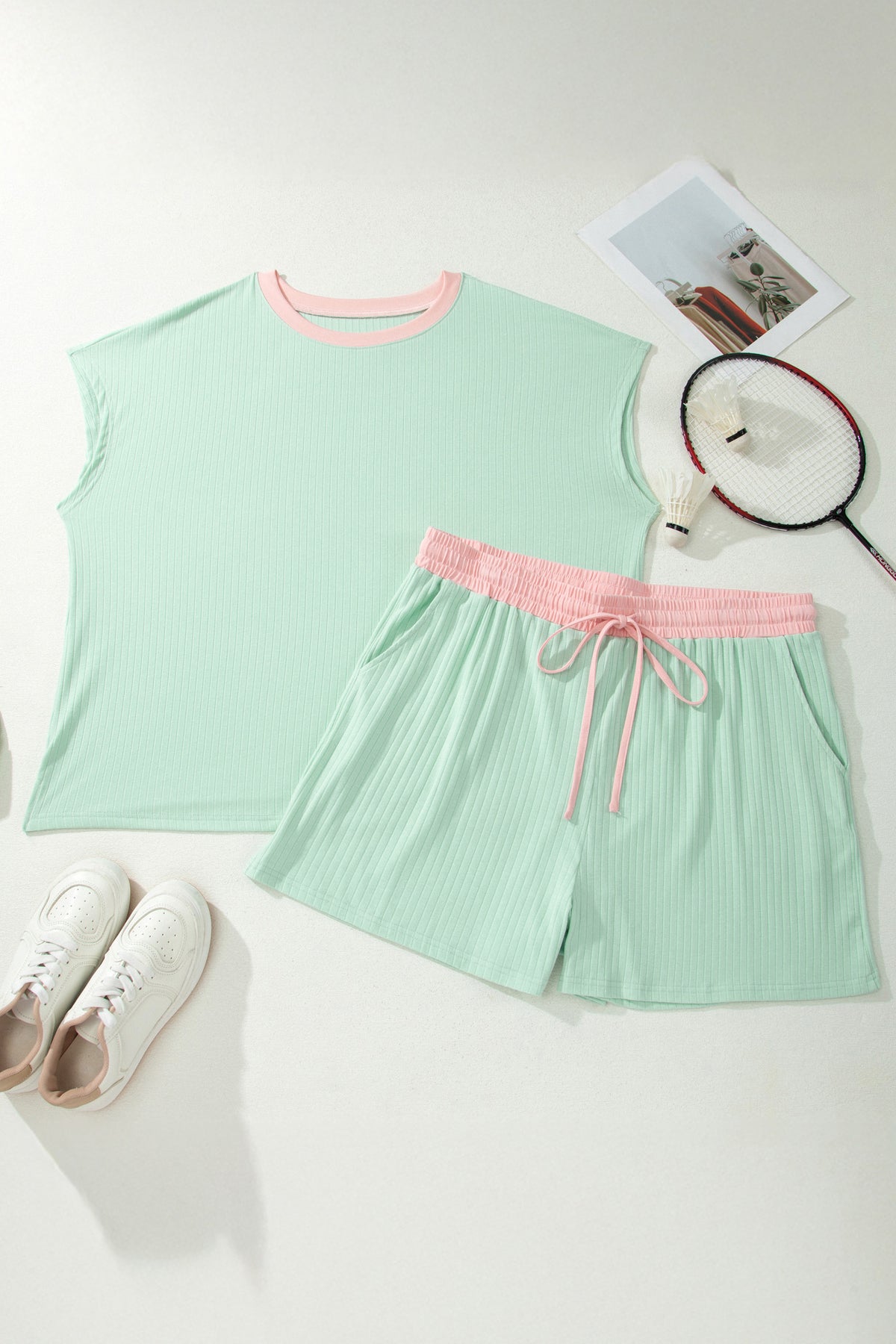 Yellow Cream Plus Size Ribbed Color-Block Trim Drawstring Shorts 2pcs Set